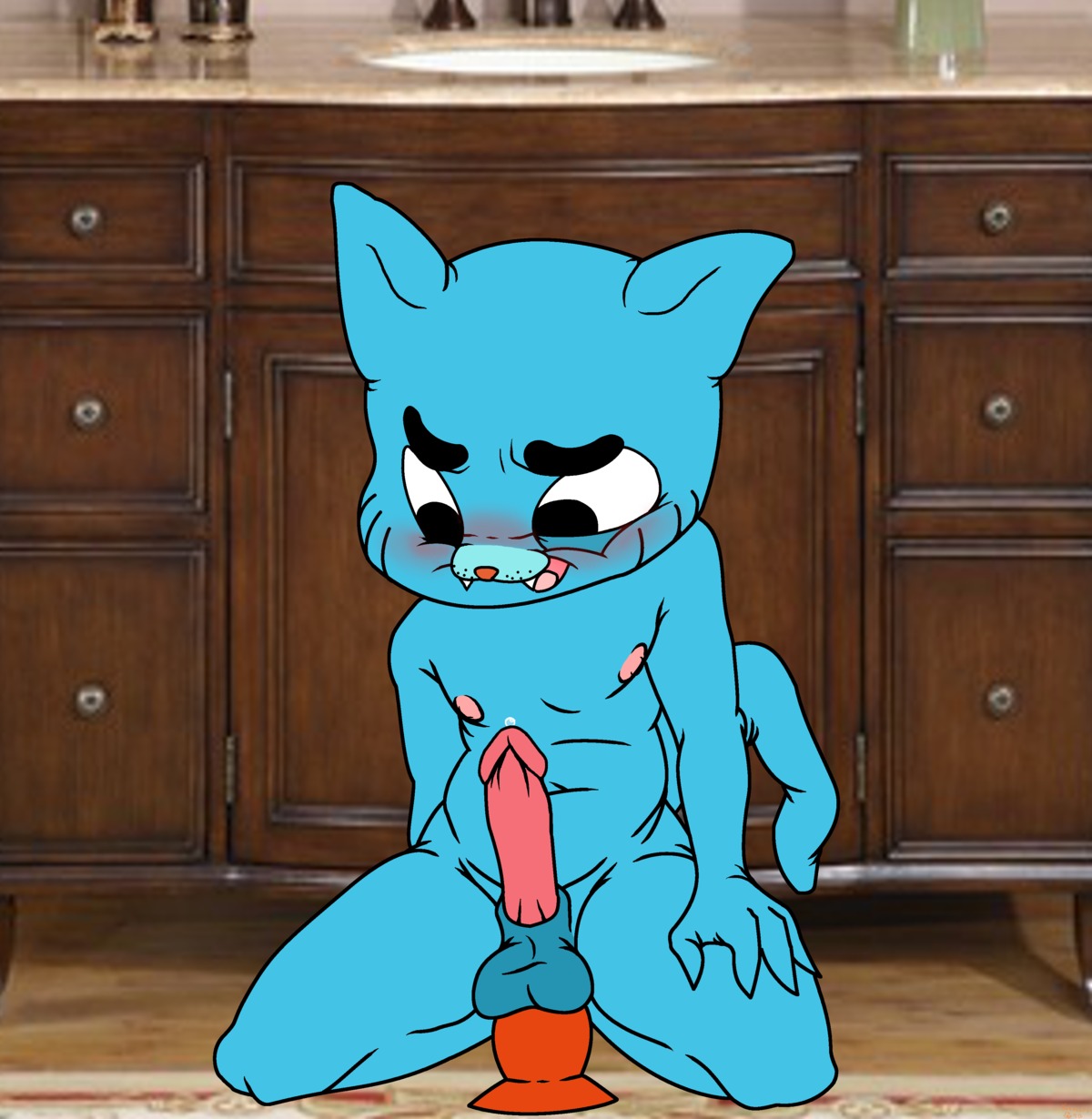 absurd_res anal anal_penetration anthro balls blue_body blue_fur blush bodily_fluids cartoon_network dildo dildo_sitting domestic_cat e621 erection felid feline felis fur genital_fluids genitals gumball_watterson hi_res humanoid_genitalia humanoid_penis kaboozey male male_anthro mammal mixed_media nude nude_anthro nude_male penetration penis precum sex_toy shota solo the_amazing_world_of_gumball unavailable_at_source young young_anthro young_male