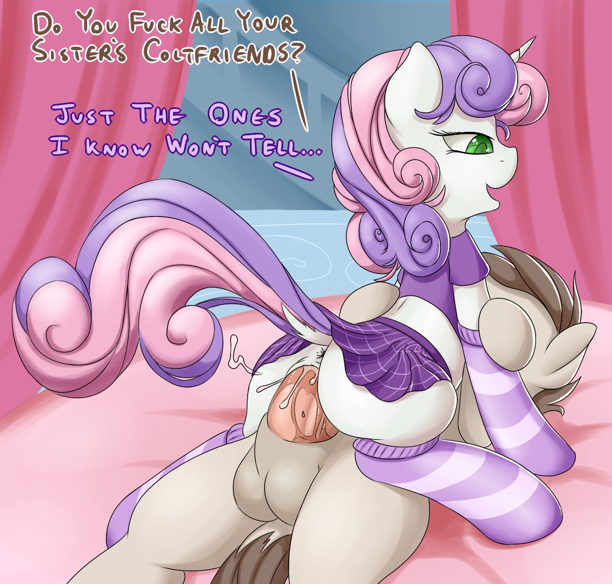 2014 age_difference anus big_penis bodily_fluids bottomwear butt clothed clothing cowgirl_position cum dialogue digital_media_(artwork) duo e621 english_text equid equine erection fearingfun female female_on_top female_penetrated feral feral_on_feral feral_penetrated feral_penetrating feral_penetrating_feral footwear friendship_is_magic from_front_position fur genital_fluids genitals green_eyes hair hasbro hi_res horn huge_penis infidelity inside larger_male legwear loli lying male male/female male_on_bottom male_penetrating male_penetrating_female mammal multicolored_hair my_little_pony mythological_creature mythological_equine mythology no_underwear nude older_male on_back on_bottom on_top open_mouth pattern_clothing pattern_legwear penetration penile penile_penetration penis penis_in_vagina sex size_difference skirt smaller_female smaller_penetrated socks spread_legs spreading striped_clothing striped_legwear stripes sweetie_belle_(mlp) text thick_penis two_tone_hair unicorn vaginal vaginal_penetration vulva white_body white_fur young young_feral younger_female younger_penetrated