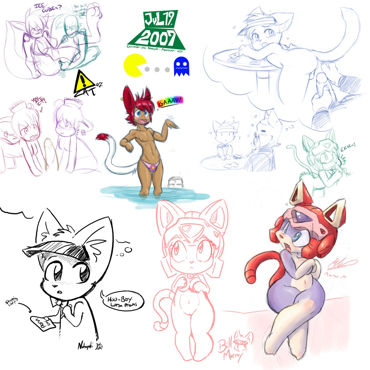 1:1 anthro bill_murray cautioncat clothed clothing dialogue digital_drawing_(artwork) digital_media_(artwork) domestic_cat duo e621 english_text erection fantasizing felid feline felis female fully_clothed genitals hi_res humanoid_genitalia humanoid_penis male mammal mixed_media multiple_images nobuyuki nude penis pizzacat polly_esther samurai_pizza_cats sketch sketch_page solo speech_bubble tail text thought_bubble topless vulva