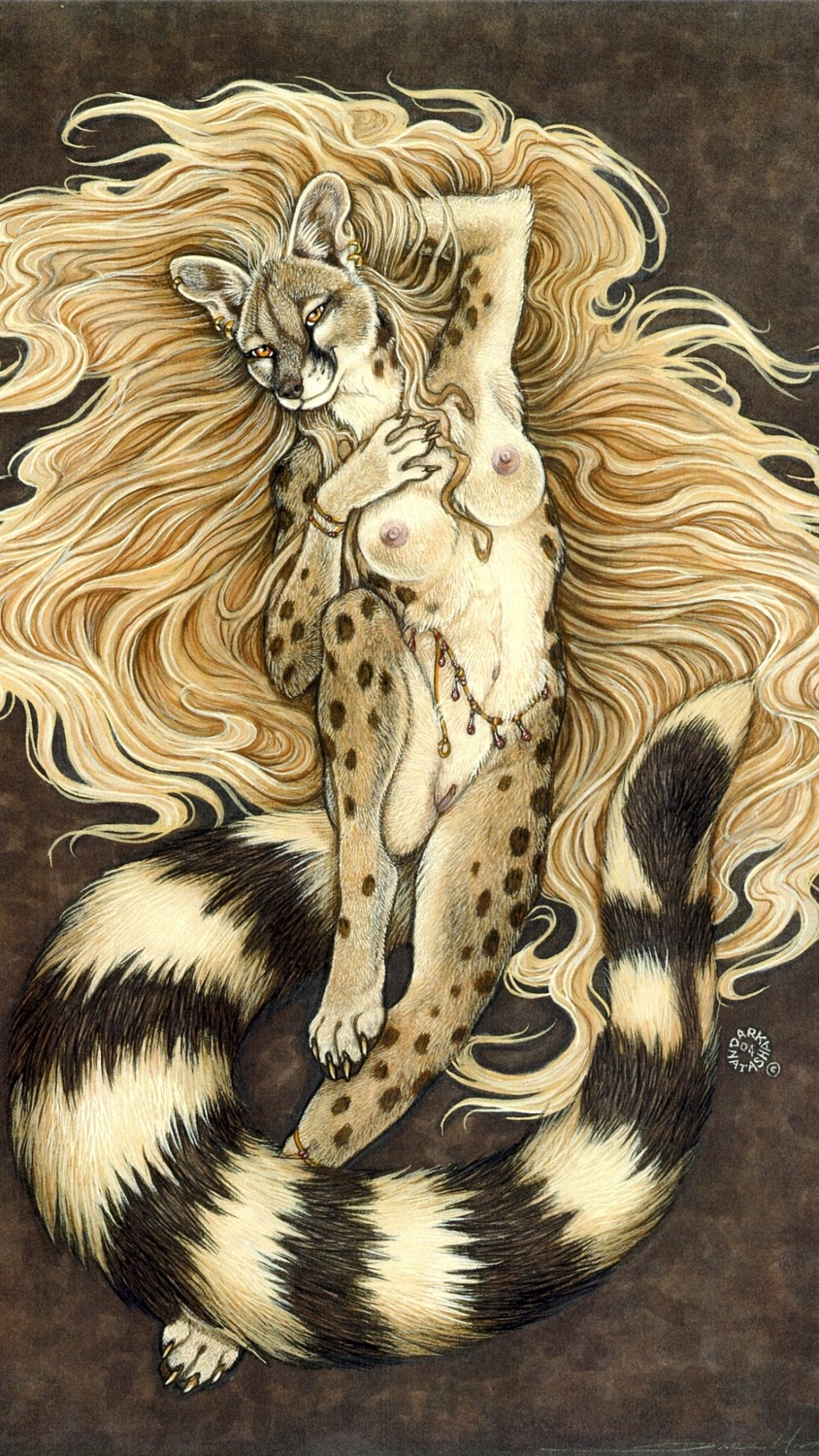 2004 4_toes 5_fingers 9:16 amber_eyes anthro armband belly_chain bent_leg biped bird's-eye_view blonde_hair breasts claws dark_natasha e621 ear_piercing feet female fingers fluffy fluffy_tail front_view fur genet genitals hair hand_behind_head hi_res high-angle_view legband long_hair looking_at_viewer lying mammal markings mullet navel nipples nude on_back orange_eyes piercing pink_nipples ring_(marking) ringed_tail signature smile solo spots striped_markings striped_tail stripes tail tail_markings toe_claws toes traditional_media_(artwork) viverrid vulva waist_accessory
