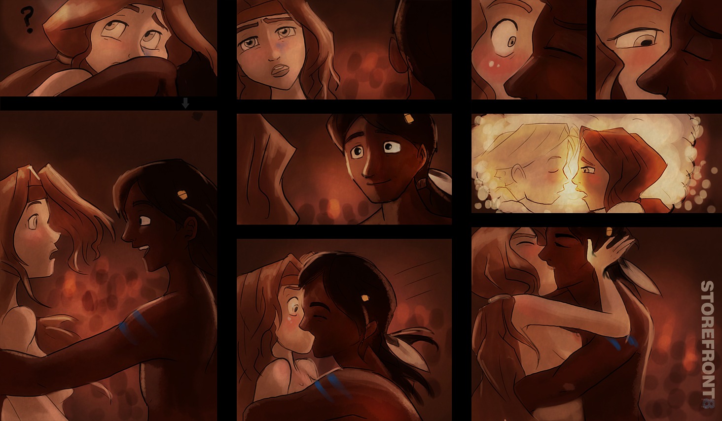 closing_eyes confused_expression feather_hair_ornament female headband hugging james_hiller kissing kissing_back liberty's_kids looking_at_another red_hair rule34 sarah_phillips storefront8 surprised_expression tagme thinking_of_someone_else