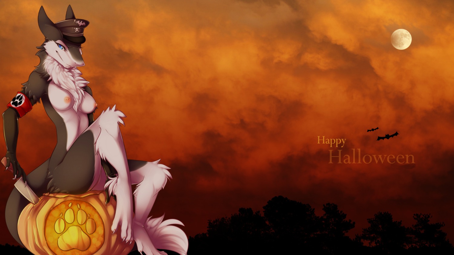 16:9 ambient_bat ambient_flier ambient_silhouette anthro armband armwear bat blue_eyes breasts chest_tuft claws clothing digital_media_(artwork) e621 ears_back elbow_gloves female food fruit fur genitals gloves group halloween handwear hat headgear headwear hi_res holidays jack-o'-lantern knife looking_at_viewer mammal nazi nipples paws pivoted_ears plant pumpkin sergal shaded silhouette sitting sitting_on_pumpkin solo_focus spazzykoneko tail trio tuft u-18chan valkyria vulva widescreen