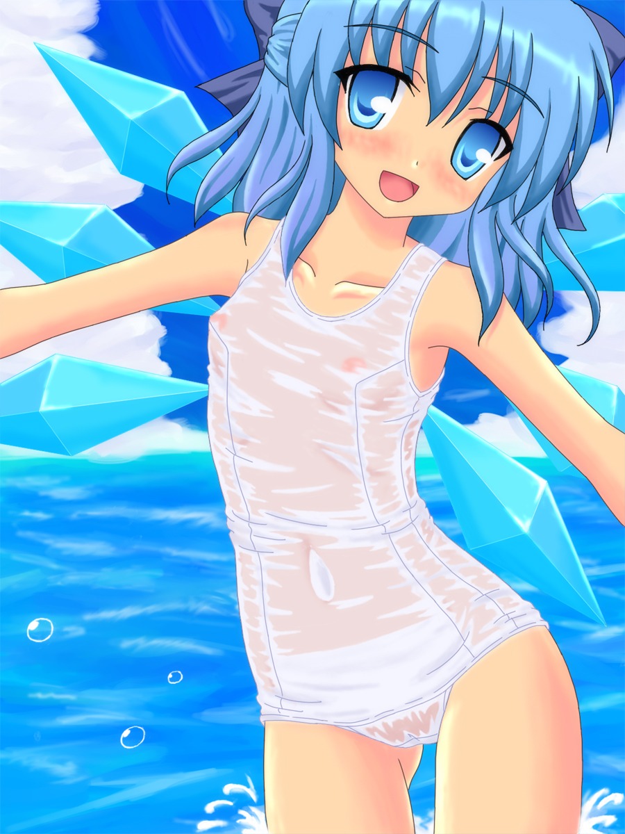bangs blue_eyes blue_hair blush bubble cameltoe cirno eyebrows_visible_through_hair fairy female hairbow looking_at_viewer navel nipples open_mouth pussy rule34 sky smile swimsuit touhou transparent_clothing water
