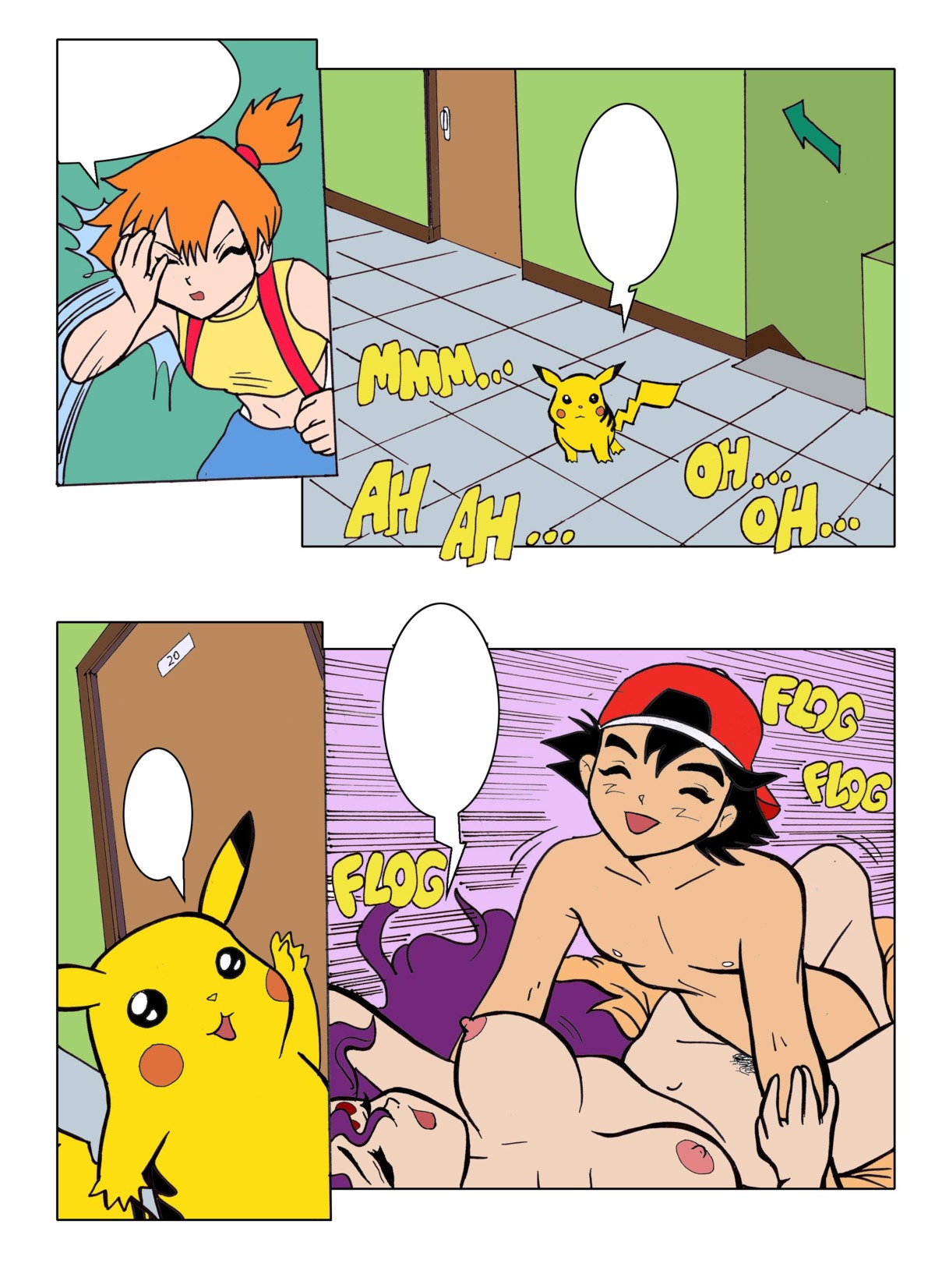 comic dominant_male facepalm female hi_res human human_only kasumi_(pokemon) male missionary_position nintendo orange_hair pikachu pokemon purple_hair rule34 satoshi_(pokemon) sex straight tagme what