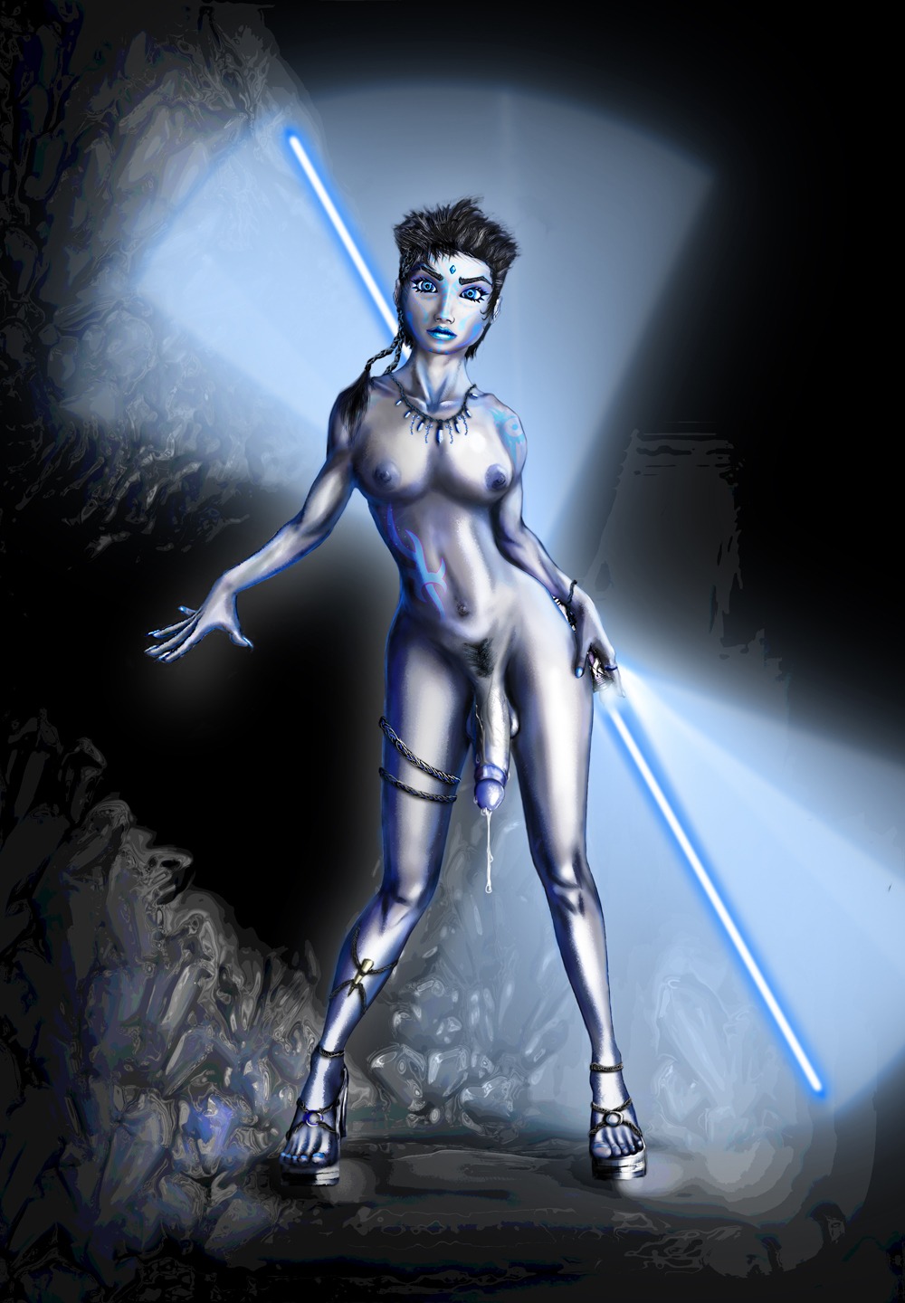 alex87 blue_lightsaber clone_wars dual-bladed_lightsaber futanari intersex jedi jedi_padawan lightsaber penis rule34 star_wars tagme