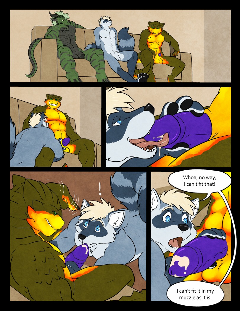 2013 abs animal_genitalia anthro anthro_on_anthro balls biceps big_penis blonde_hair blue_eyes bodily_fluids comic cum cum_on_penis dialogue dragon e621 english_text erection everquest exclamation_point fur furniture genital_fluids genitals green_body green_eyes group hair humanoid_genitalia humanoid_penis iksar interspecies jathiros licking lizard male male/male male_penetrated male_penetrating male_penetrating_male mammal multiple_scenes muscular muscular_male mythological_creature mythological_scalie mythology nude oral pecs penetration penile penis penis_lick procyonid purple_penis raccoon reptile saliva scalie sex sheath sofa speech_bubble spunkyrakune tail text tharis thick_penis tongue tongue_out vein wfa