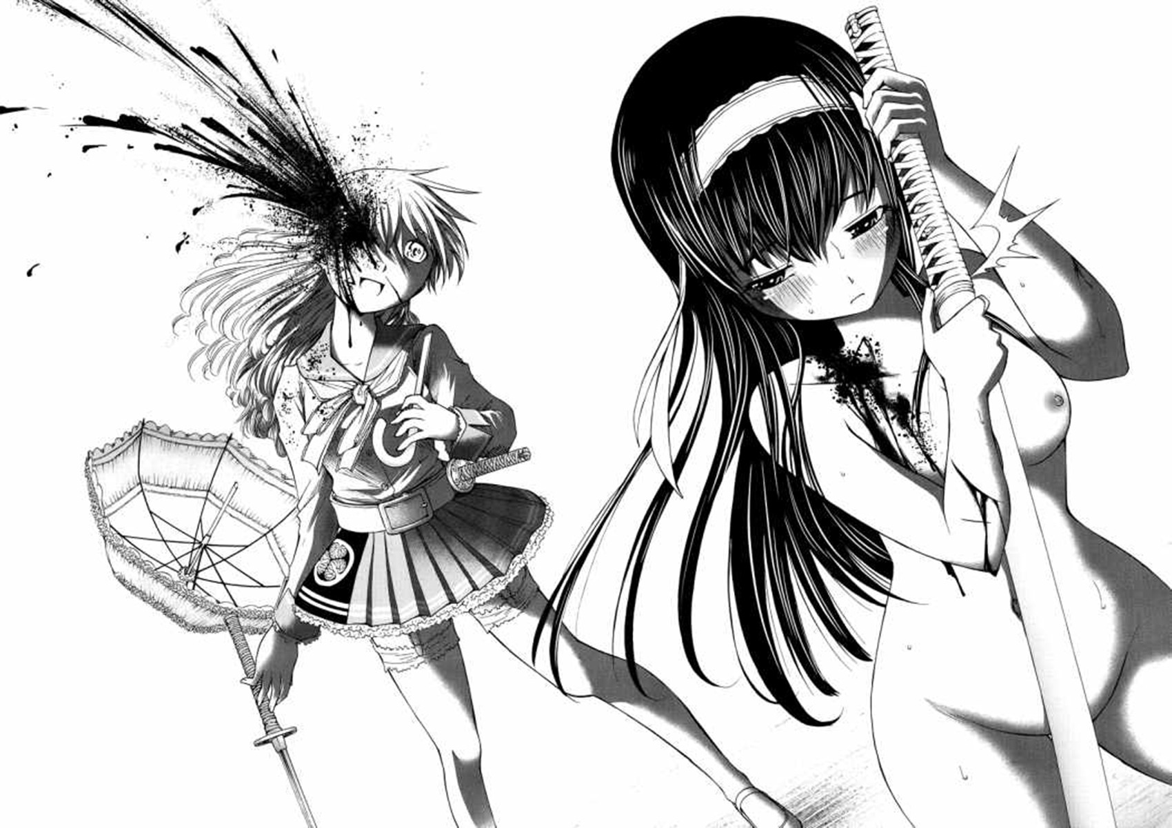 bleeding blood blood_spray blood_stain bloody_clothes blush breasts closed_mouth clothes convenient_censoring female female_only front_view gore hair highres human incision injury katana kurogane_hime long_hair looking_at_another monochrome multiple_females nude open_eyes open_mouth rule34 skirt stained_clothes sword umbrella uncensored weapon white_background wound