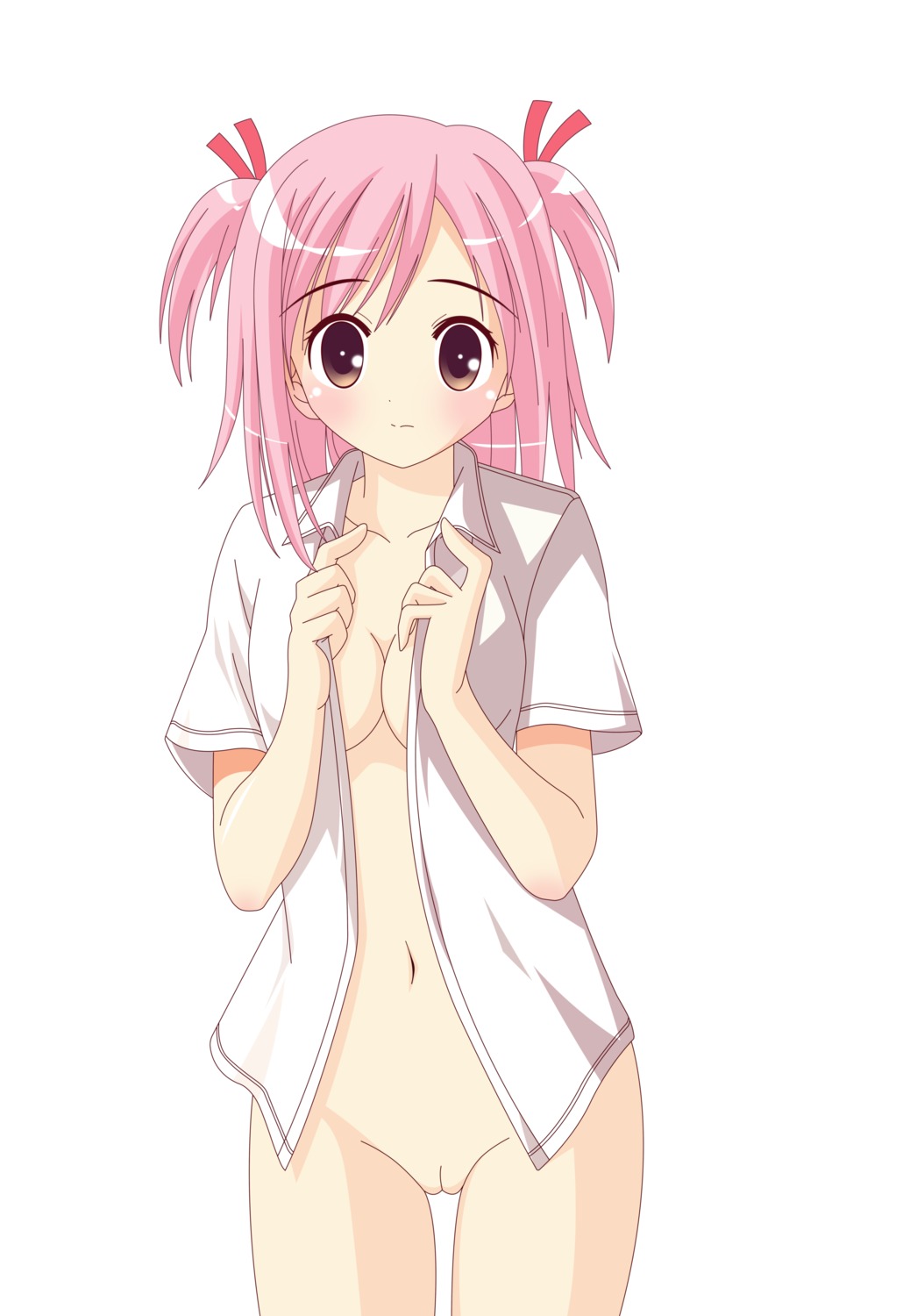 al_azif_(artist) blush bottomless breasts clothing female high_resolution mahou_sensei_negima! no_panties open_clothes open_shirt pink_hair pussy rule34 sasaki_makie shirt short_twintails small_breasts uncensored vector_trace