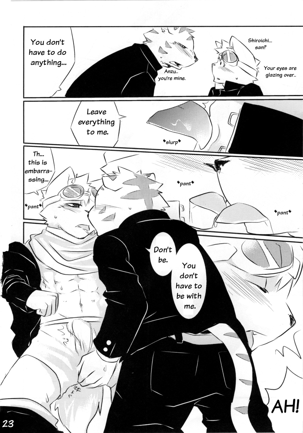 anthro blush boxer_briefs canid canine canis clothing comic dialogue domestic_dog duo e621 english_text eyewear felid french_kissing goggles greyscale hard_translated hi_res kenn kissing male male/male mammal monochrome multiple_scenes pantherine tail text third-party_edit tiger tongue translated translation_edit underwear undressing