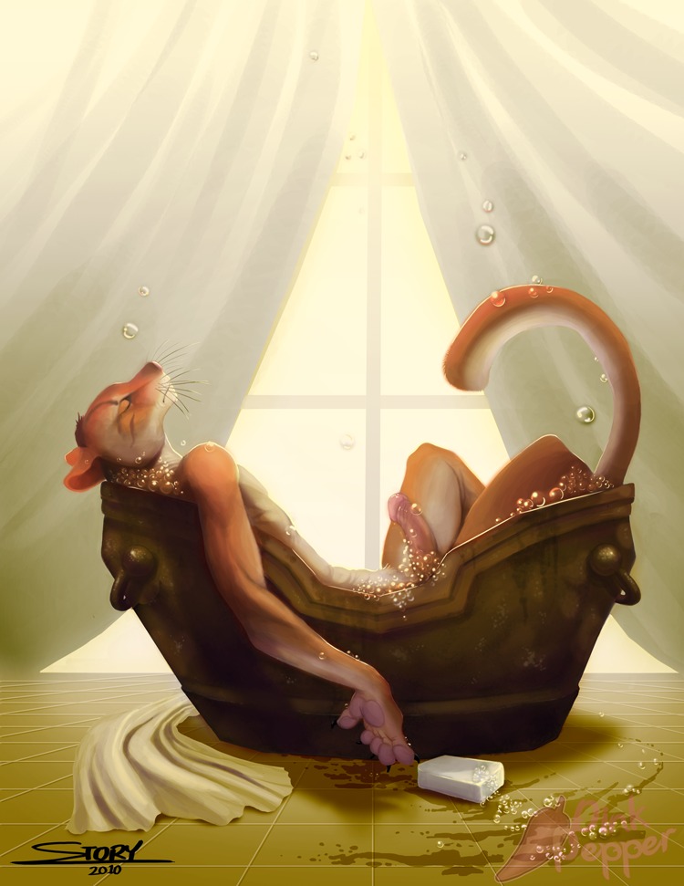 2010 anthro bath digital_media_(artwork) domestic_cat e621 erection felid feline felis genitals male mammal penis pink_pepper solo thestory water