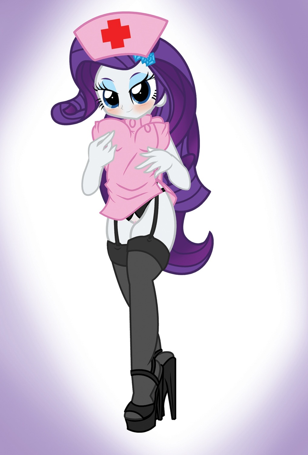 blush clothing diamonds_(suit) e621 equestria_girls female footwear full-length_portrait genitals hasbro hat headgear headwear hi_res high_heels humanoid legwear looking_at_viewer my_little_pony nurse platform_footwear platform_heels portrait pyruvate rarity_(eg) shoes solo stockings suit_symbol uniform vulva