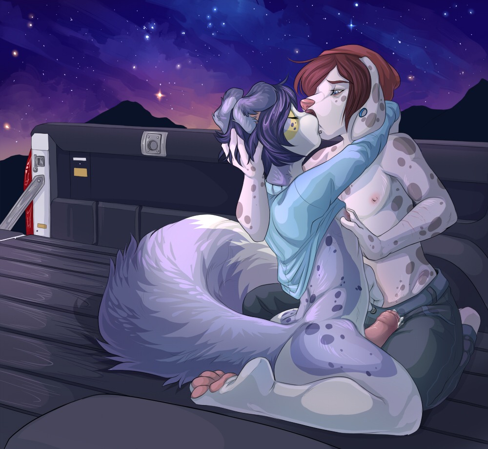 anthro australian_shepherd bodily_fluids bottomless butt canid canine canis clothed clothing clothing_lift cum dalmatian demicoeur digital_media_(artwork) domestic_dog duo e621 ear_piercing erection eyes_closed facial_piercing gauged_ear genital_fluids genitals hat headgear headwear herding_dog humanoid_genitalia humanoid_penis kissing kneeling lip_piercing male male/male mammal night outside pastoral_dog pawpads paws penis piercing precum raised_clothing raised_shirt raised_topwear romantic romantic_ambiance romantic_couple sheepdog shirt shirt_lift sky topless topwear truck vehicle