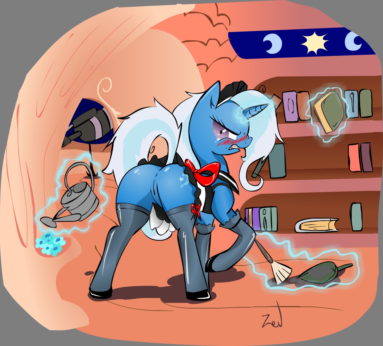 angry blue_fur blush book cleaning equine female feral friendship_is_magic furry horn looking_back maid my_little_pony night no_panties pussy rule34 smooth_skin tail teeth trixie_(mlp) trixie_lulamoon unicorn zev