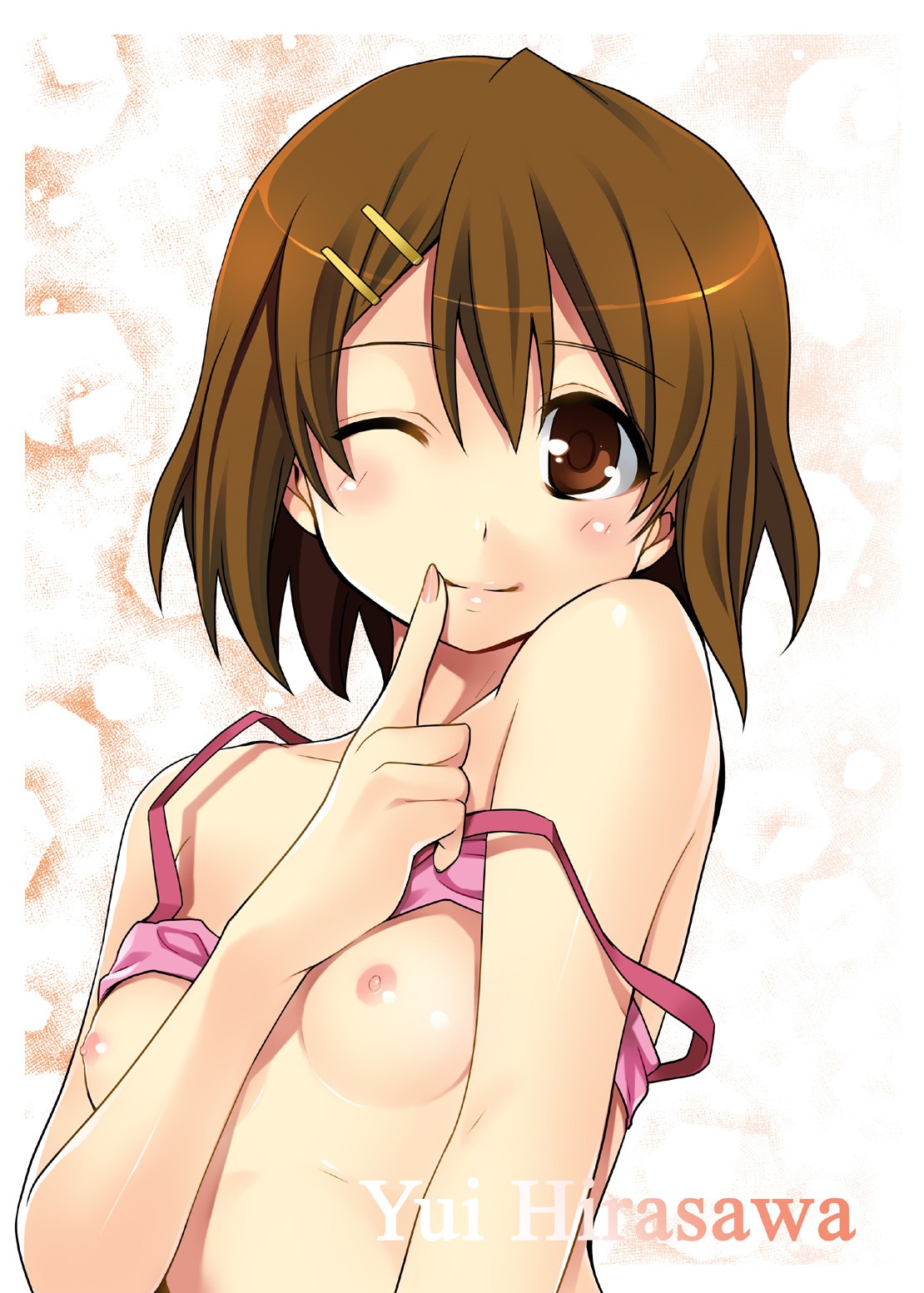 azu blush bra bra_lift breasts brown_eyes brown_hair female female_only finger_to_lips finger_to_mouth hair_ornament hairclip highres human human_only k-on! lingerie rule34 smile solo topless underwear wink yui_hirasawa_(k-on!)