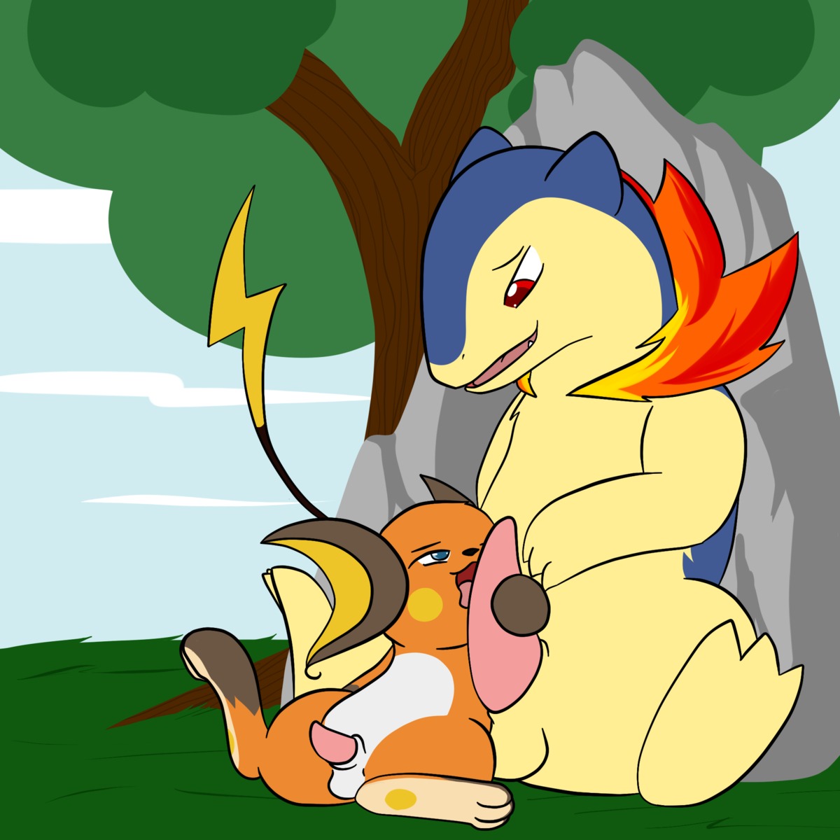 1:1 blue_eyes duo e621 erection feral fire generation_1_pokemon generation_2_pokemon genitals hi_res larger_male licking male male/male male_penetrated male_penetrating male_penetrating_male mammal nintendo oral penetration penile penis penis_lick pokemon pokemon_(species) raichu red_eyes rodent sex shenhibiki size_difference smaller_male tail tongue tongue_out toony typhlosion