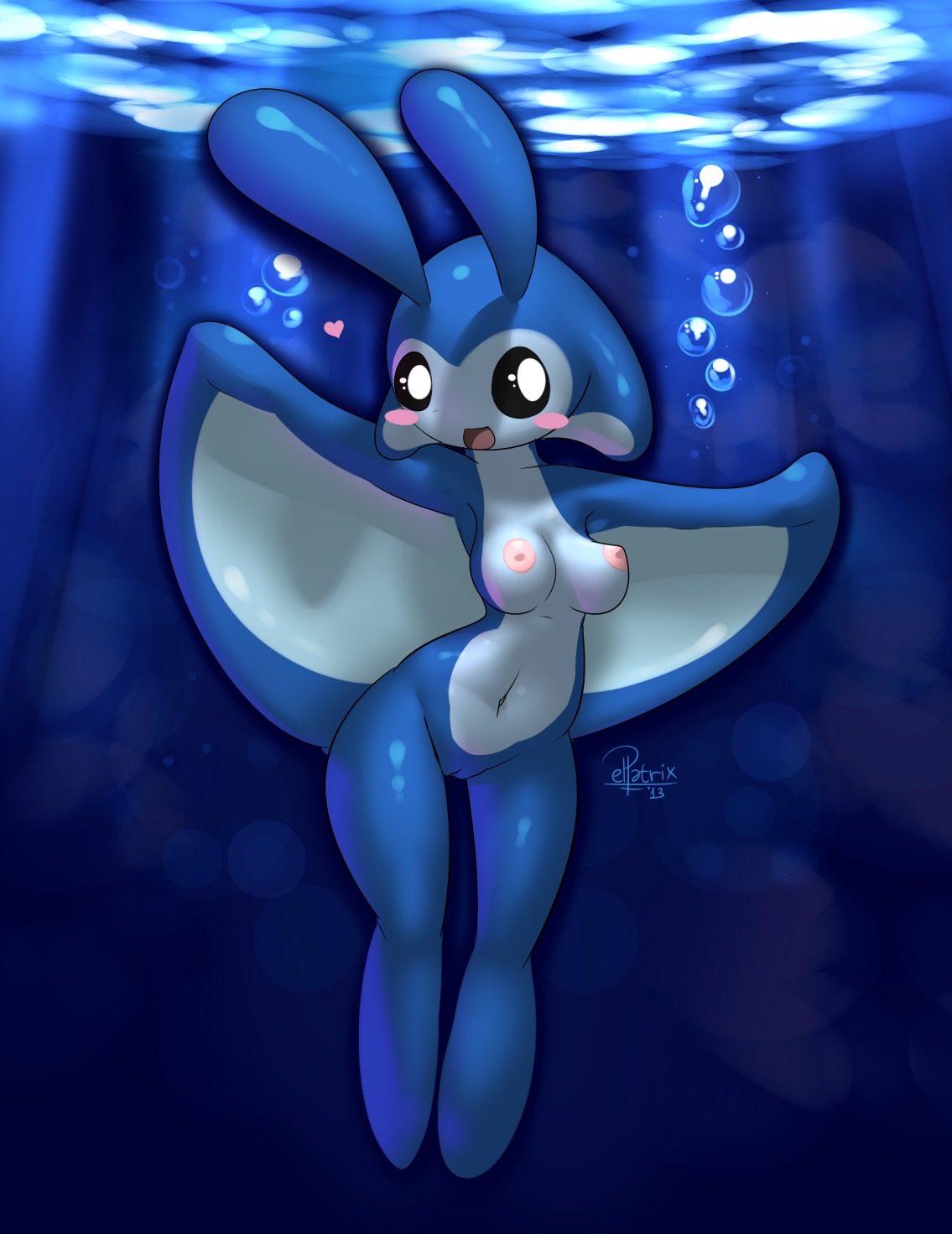 2013 anthro anthrofied blush breasts digital_media_(artwork) e621 elpatrixf female female_anthro generation_4_pokemon genitals heart_symbol hi_res mantyke nintendo nipples nude nude_anthro nude_female pink_nipples pokemon pokemon_(species) pokemorph solo vulva