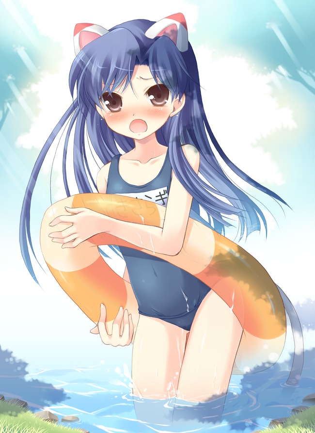animal_ears blue_hair blush brown_eyes cat_ears female idolmaster innertube kisaragi_chihaya komi_zumiko long_hair mizugi one-piece_swimsuit rule34 school_swimsuit solo sukumizu swimsuit tail water