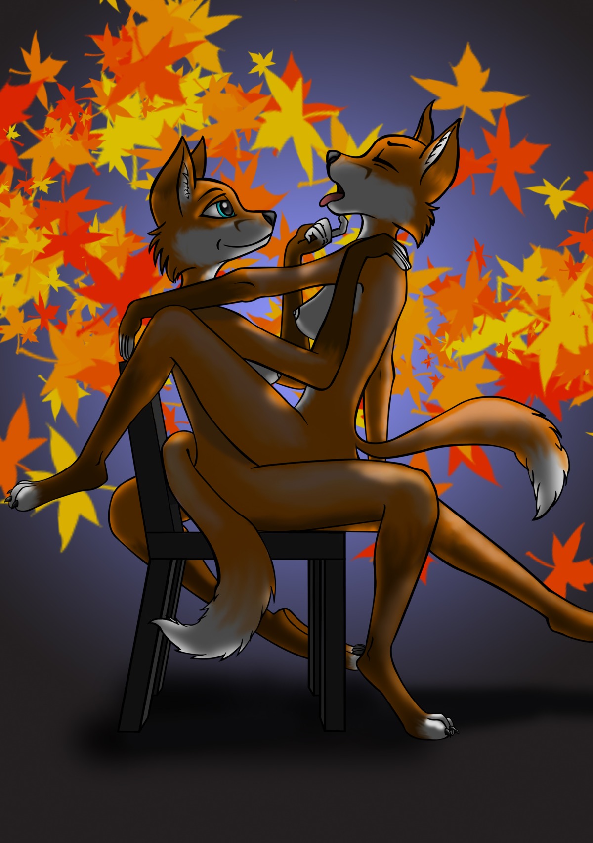 absurd_res anthro anthro_on_anthro arnius autumn blue_eyes canid canine chair digital_media_(artwork) dipstick_tail duo e621 eyes_closed female female/female fox furniture hi_res mammal markings nude sex shaded tail tail_markings tickling tongue wood wood_chair wood_furniture
