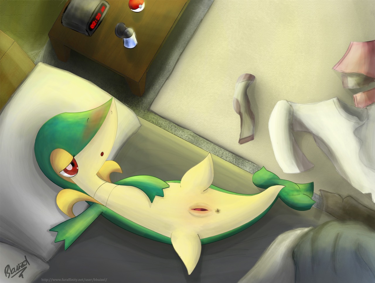 bbuizel bed blush clothing e621 female feral furniture generation_5_pokemon genitals half-closed_eyes inside lying narrowed_eyes nintendo on_back on_bed pokeball pokemon pokemon_(species) quadruped red_eyes snivy solo spread_legs spreading standard_pokeball tail vulva