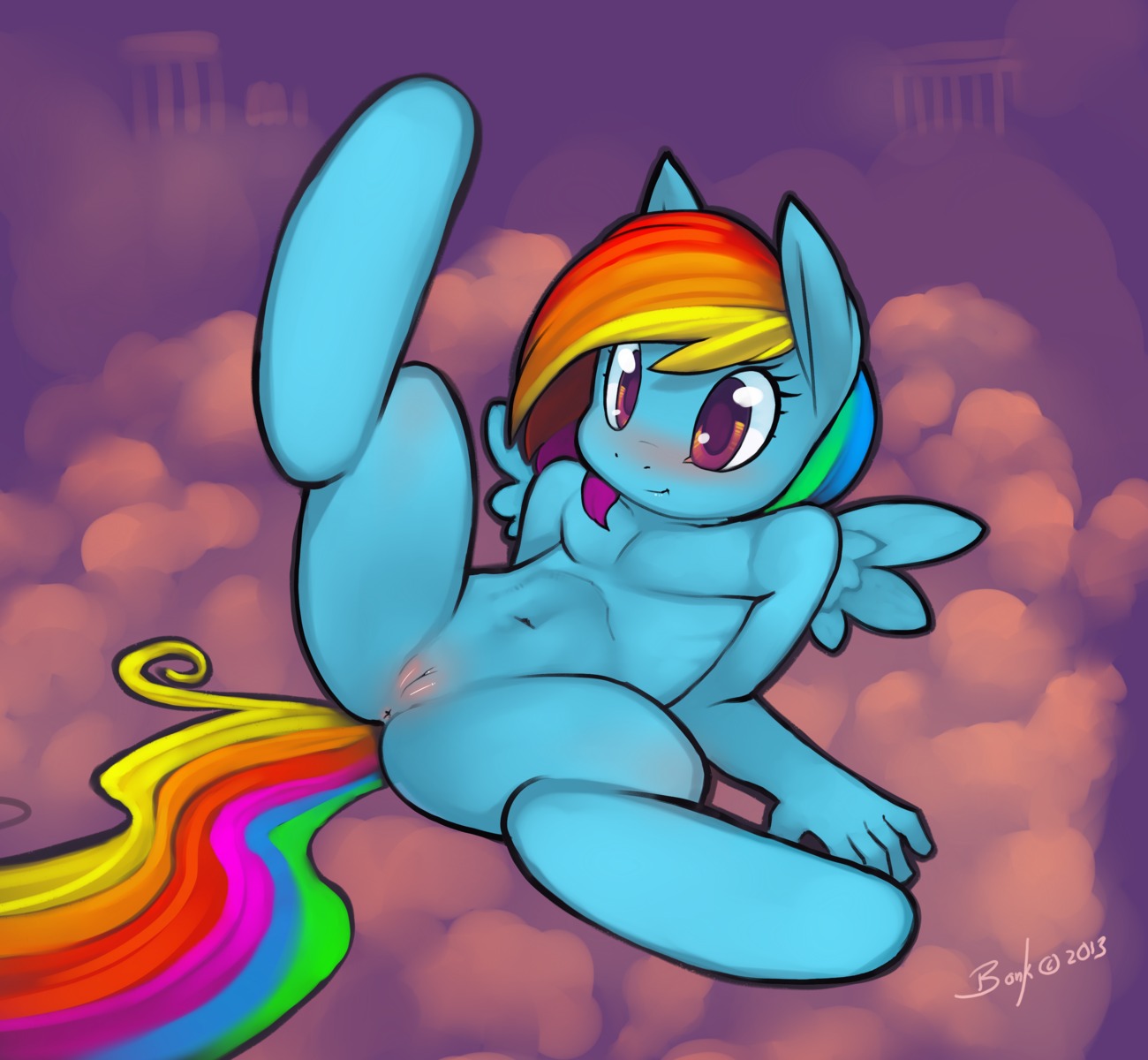2013 absurd_res anthro anthrofied anus biped blue_body blue_feathers blue_fur blue_skin blush bonk cloud digital_media_(artwork) e621 equid equine feathered_wings feathers female friendship_is_magic fur genitals hair hasbro hi_res hooves lying mammal multicolored_hair multicolored_tail my_little_pony mythological_creature mythological_equine mythology navel nude on_back outside pegasus rainbow_dash_(mlp) rainbow_hair rainbow_tail short_hair sky skyscape smile solo spread_legs spreading tail vulva wings
