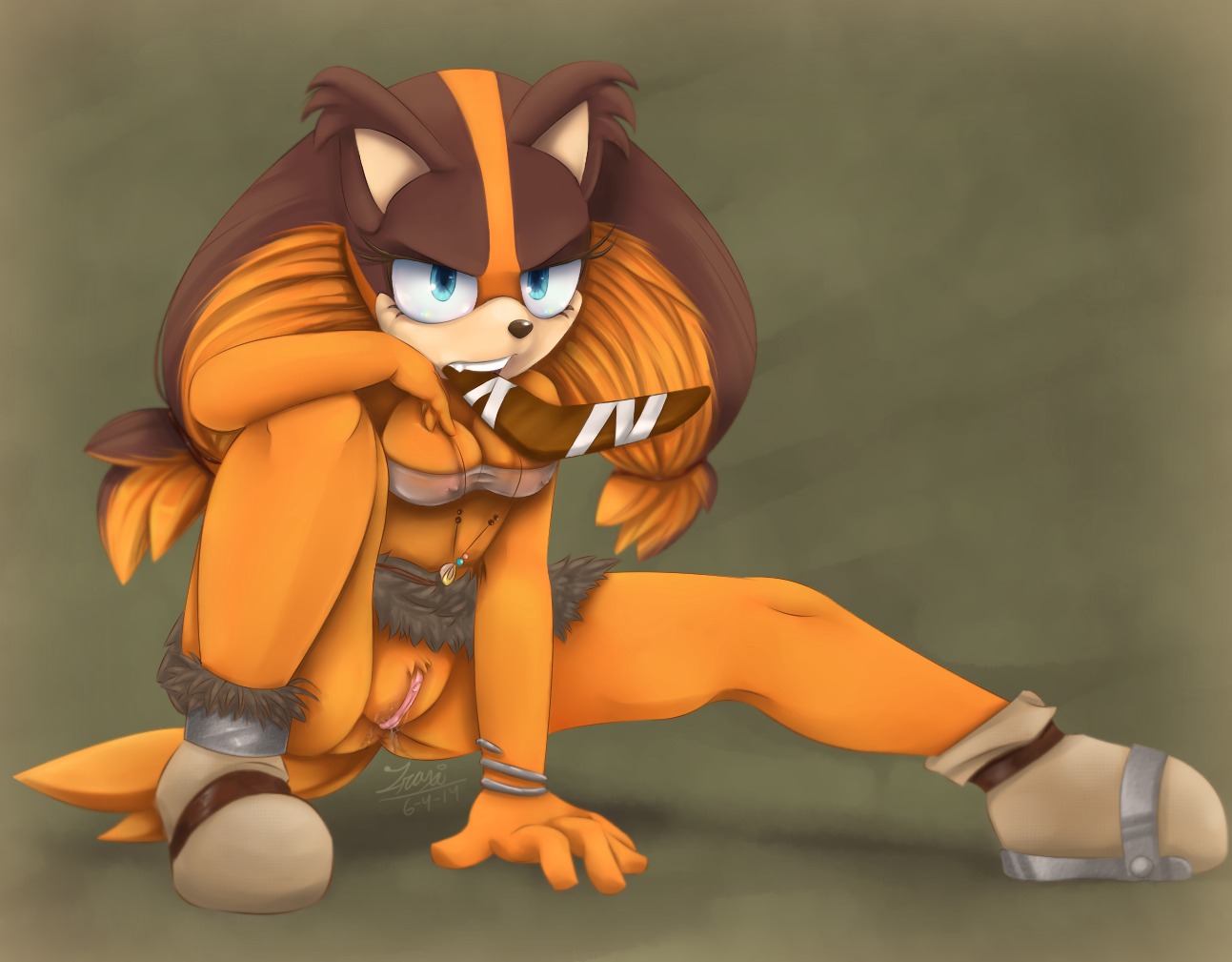 2014 angry anthro badger biped bodily_fluids boomerang bottomless bottomwear breasts butt clothed clothing e621 exposed female footwear fur genital_fluids genitals hair jewelry long_hair mammal multicolored_hair mustelid musteline necklace object_in_mouth sega sharp_teeth shoes skirt solo sonic_boom sonic_the_hedgehog_(series) spread_legs spreading sticks_the_jungle_badger teeth vaginal_fluids vulva zraxi