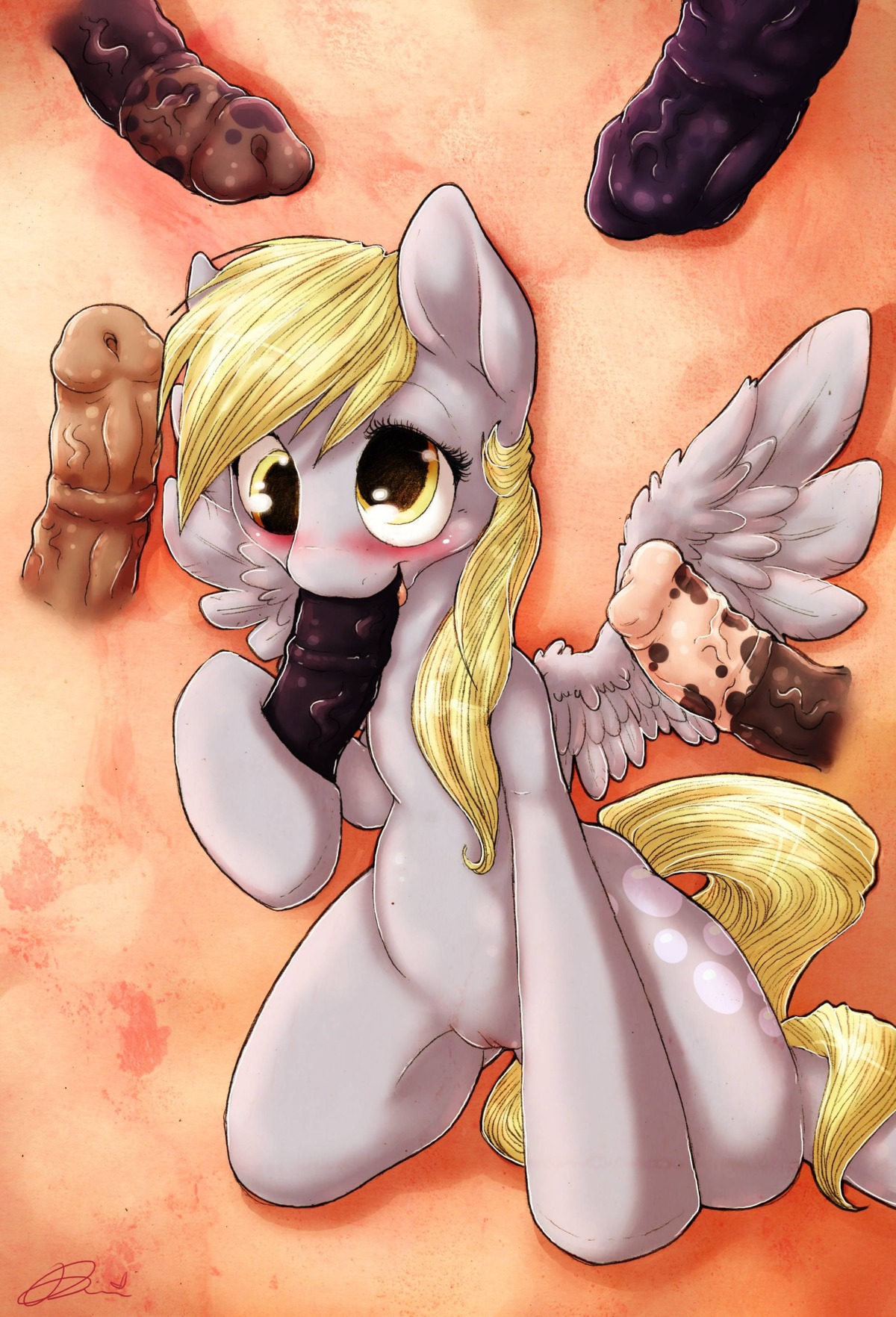 2013 absurd_res amber_eyes blonde_hair blush cutie_mark derpy_hooves_(mlp) dimwitdog disembodied_penis e621 equid equine erection feathered_wings feathers fellatio female feral friendship_is_magic fur genitals grey_body grey_feathers grey_fur group hair hasbro hi_res male male/female mammal my_little_pony mythological_creature mythological_equine mythology oral oral_penetration pegasus penetration penile penis sex vein veiny_penis vulva wings