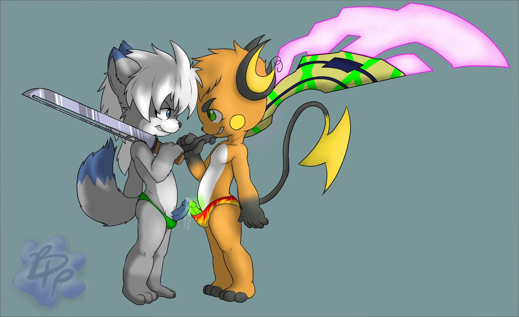 anthro anthro_on_anthro blue_penis bluepawpanda bodily_fluids bulge canid canine clothed clothing duo e621 erection femboy frottage generation_1_pokemon genital_fluids genitals glowing glowing_genitalia glowing_penis green_penis grin hi_res male male/male mammal maverick_skye melee_weapon nintendo penile penis penis_poking_out penises_touching pokemon pokemon_(species) precum raichu renchu rodent sex signature smile sword tail thong underwear weapon young young_anthro