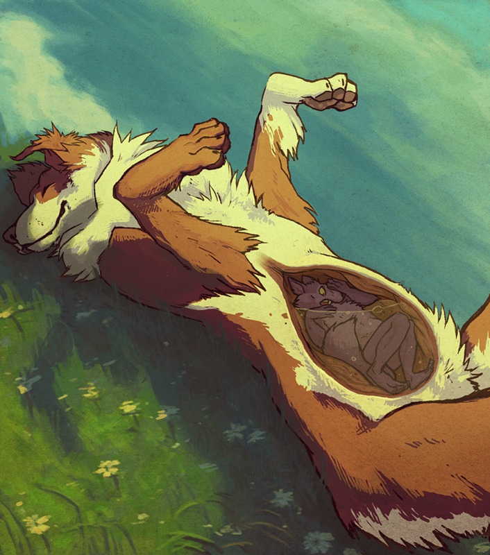 ambiguous_gender ambiguous_pred anthro belly border_collie canid canine canis collie cornershop cutaway digital_media_(artwork) domestic_dog duo e621 eyes_closed feral fox fully_inside herding_dog inside_stomach internal lying male male_prey mammal on_back organs pastoral_dog paws satisfied scared sheepdog size_difference smile stomach tail vore