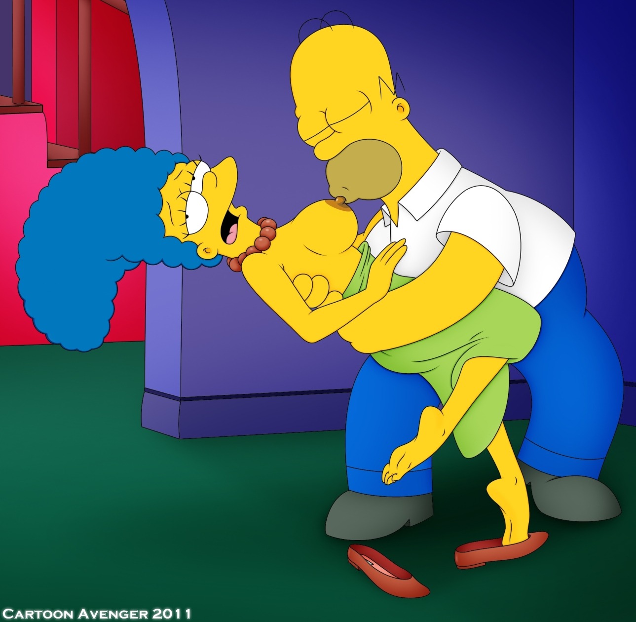 blue_hair breasts cartoon_avenger clothes color female hair homer_simpson human indoors kissing male marge_simpson nipples rule34 side_view straight tagme the_simpsons yellow_skin