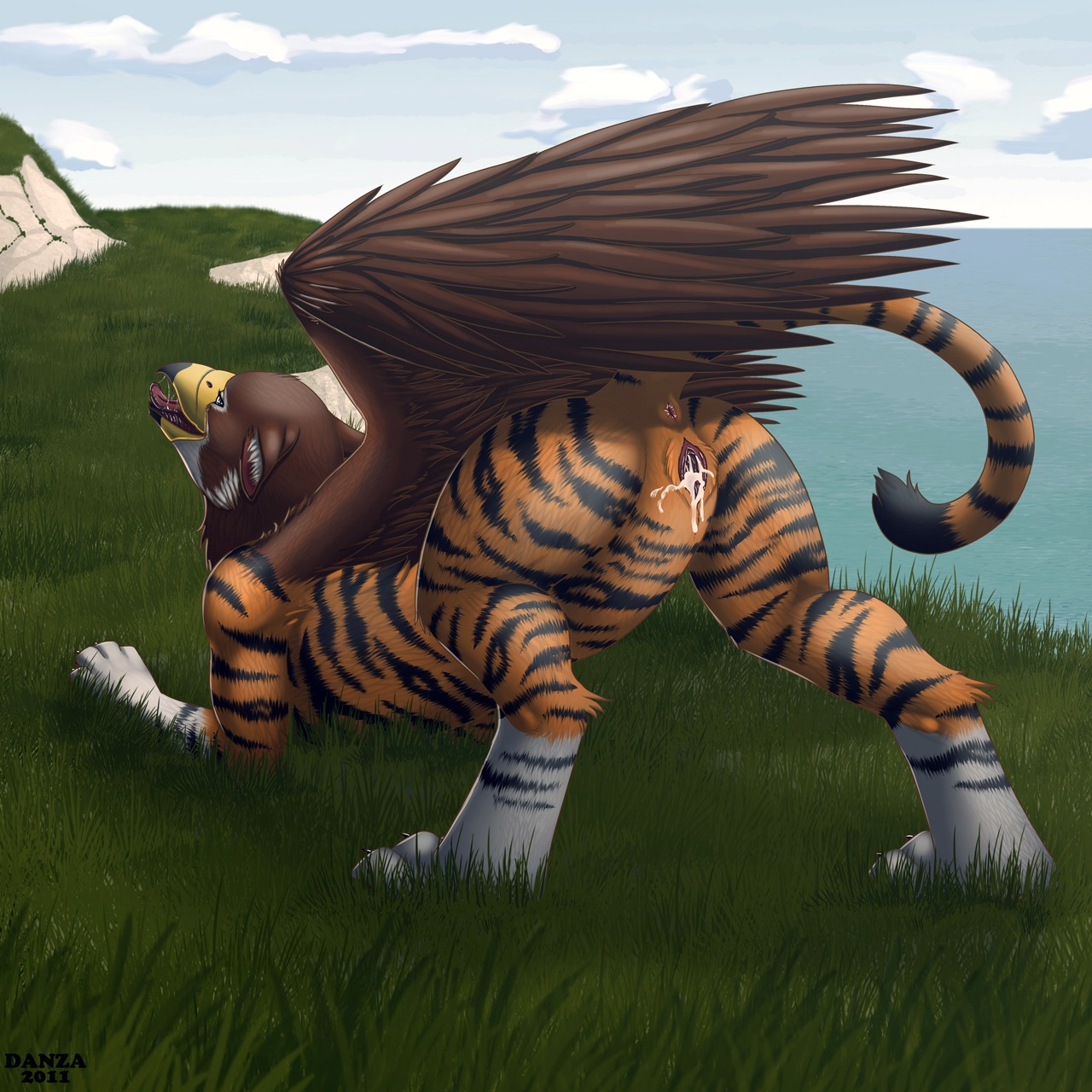 1:1 2011 after_sex all_fours anus ass_up avian beak bodily_fluids butt cloud conditional_dnp cum cum_in_vagina cum_inside danza day e621 feathered_wings feathers felid female feral fur genital_fluids genitals gryphon hi_res looking_at_viewer looking_back mammal mythological_avian mythological_creature mythology namugriff open_mouth orange_body orange_fur outside pantherine presenting presenting_anus presenting_hindquarters presenting_vulva raised_tail sky solo stripes tail tail_anus tiger vulva wings