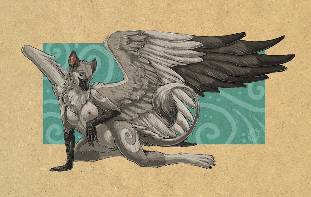 2011 acidapluvia anthro arm_support avian beak biped blue_eyes breasts chest_tuft claws e621 feathered_wings feathers female fur grey_body grey_feathers gryphon kneeling leg_markings looking_at_viewer markings mythological_avian mythological_creature mythology nipples non-mammal_breasts non-mammal_nipples nude socks_(marking) solo tail tail_tuft toe_claws tuft wings