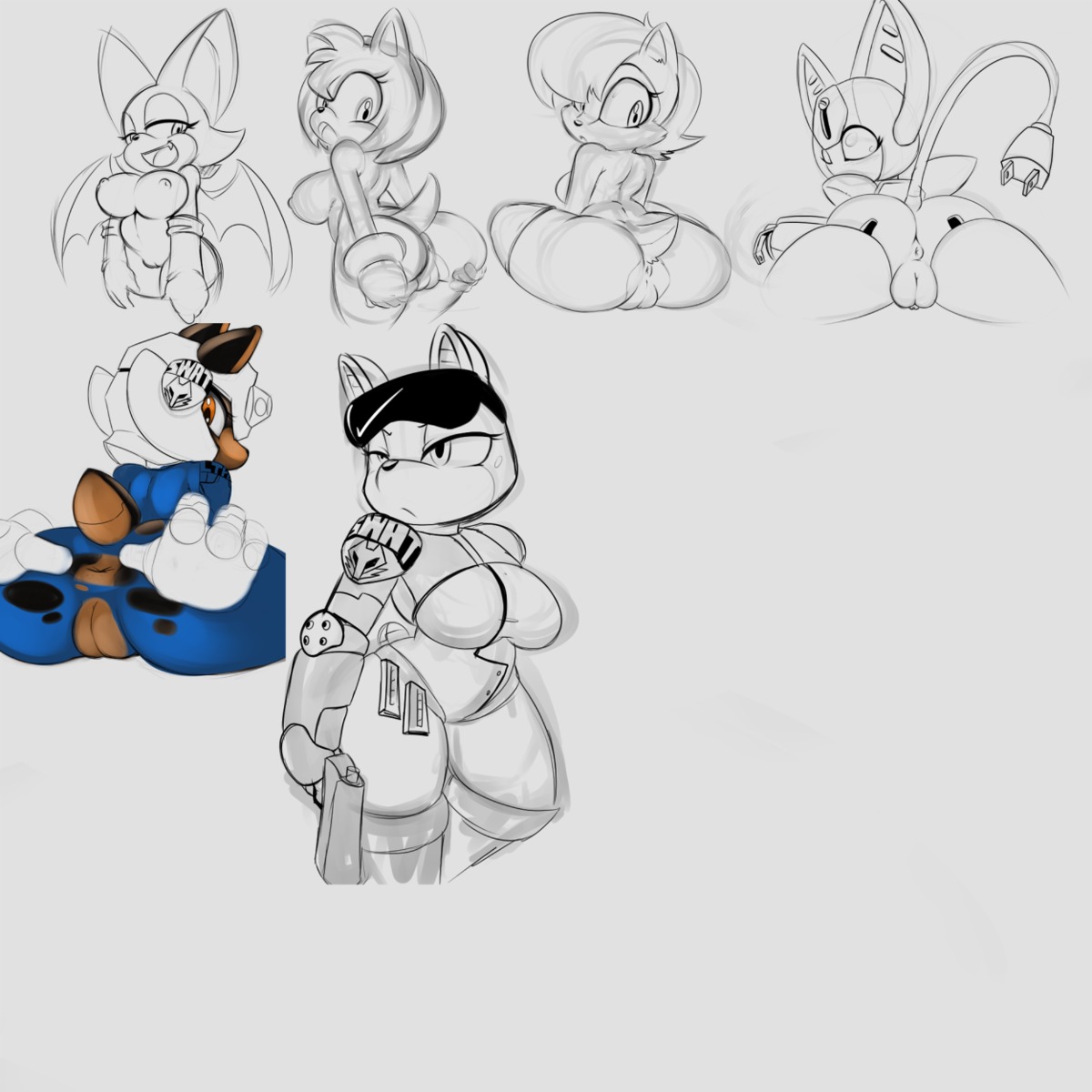 1:1 2013 amy_rose angelbreed anthro anus archie_comics armor badge bat big_breasts big_butt breasts butt butt_grab chipmunk clothing digital_media_(artwork) duo e621 eulipotyphlan eyewear feline_ears female genitals ground_squirrel gun hand_on_butt handgun happy headgear hedgehog helmet hi_res inks looking_at_viewer looking_back machine magazine_(gun) mammal medabots membrane_(anatomy) membranous_wings monochrome mostly_nude multiple_images nude open_mouth pencil_(object) peppercat plug police police_officer police_uniform pose presenting ranged_weapon rear_view robot rodent rouge_the_bat sally_acorn sciurid sega simple_background sketch sketch_page smile solo sonic_the_hedgehog_(archie) sonic_the_hedgehog_(comics) sonic_the_hedgehog_(series) sunglasses torn_clothing undressing uniform vulva weapon wings