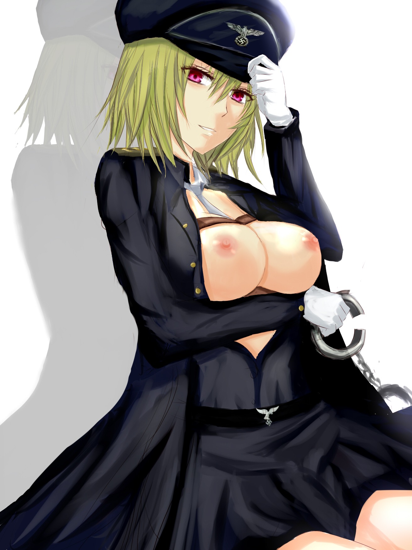 1girls areola blonde_hair breasts breasts_out busty cap cleavage fem_ss_officer female gloves green_hair handcuffs hat highres large_breasts misaka_12003-gou nazi necktie nipples peaked_cap red_eyes rule34 skirt solo swastika touhou uniform voluptuous youkai yuka_kazami