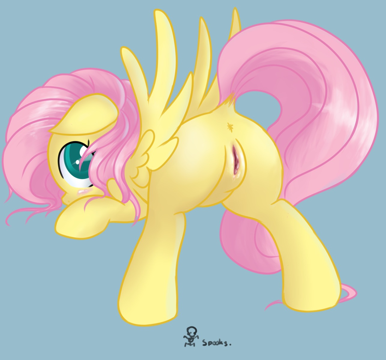 2012 anus blue_eyes blush butt e621 equid equine feathered_wings feathers female feral fluttershy_(mlp) friendship_is_magic genitals hair hasbro hi_res looking_at_viewer looking_back mammal miketheuser my_little_pony mythological_creature mythological_equine mythology pegasus pink_hair quadruped solo tail vulva wing_boner wings yellow_body yellow_feathers
