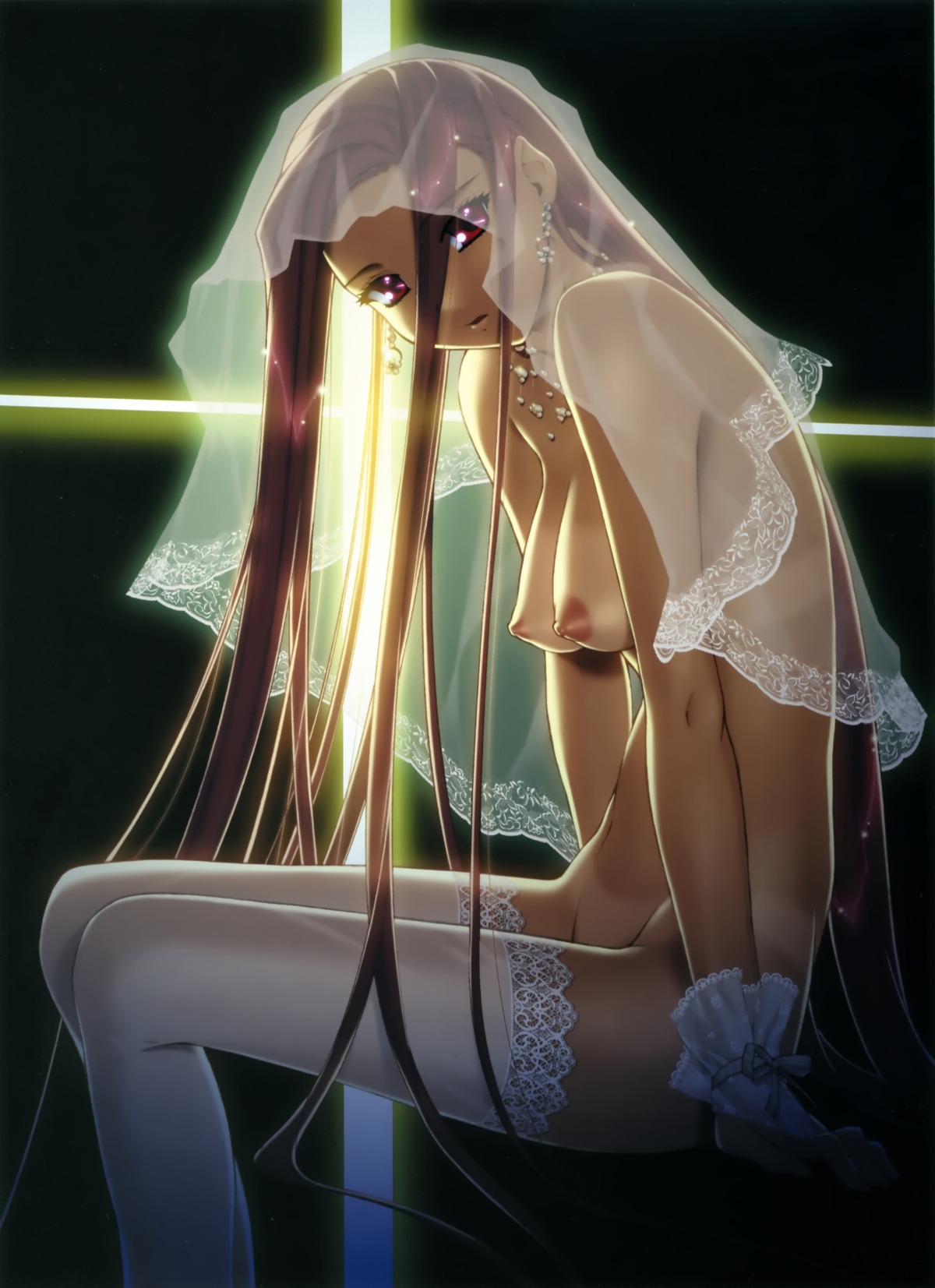 breasts brown_hair female gloves highres ino izayoi_no_hanayome kiryuu_iyori long_hair nipples nude red_eyes rule34 sitting tan tanline thighhighs veil