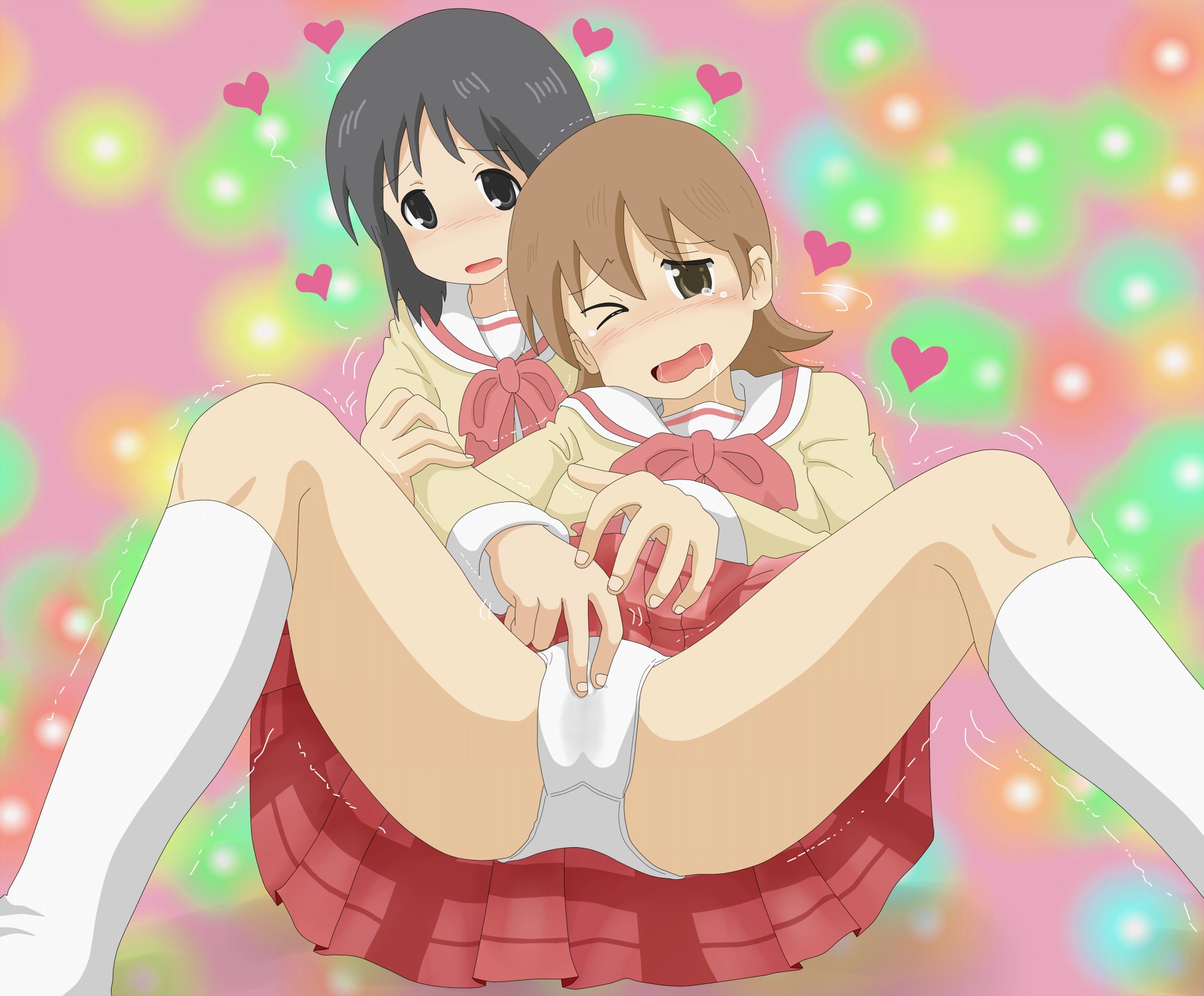 aioi_yuuko artist_request black_hair blush brown_eyes brown_hair drooling female fingering grey_eyes high_resolution hirondo kneehighs multiple_females multiple_girls nichijou panties rubbing rule34 saliva school_uniform shinonome_nano short_hair spread_legs tear trembling wince winding_key yuri