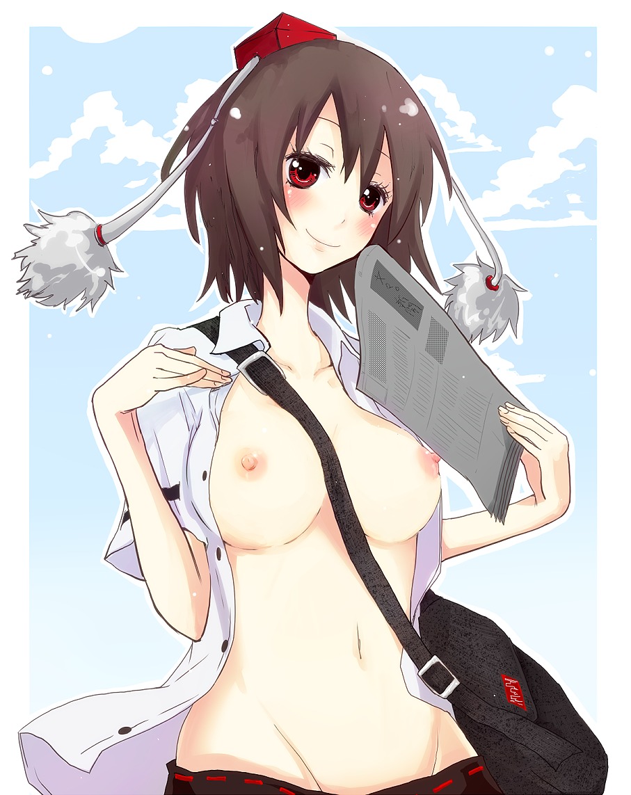 1girls bag between_breasts black_hair blush breasts breasts_apart bunbunmaru female hands hat large_breasts mound_of_venus navel newspaper nipples no_bra open_clothes open_shirt red_eyes rule34 shameimaru_aya shirofox shirt short_hair shoulder_bag skirt smile solo strap_between_breasts strap_cleavage tokin_hat touhou