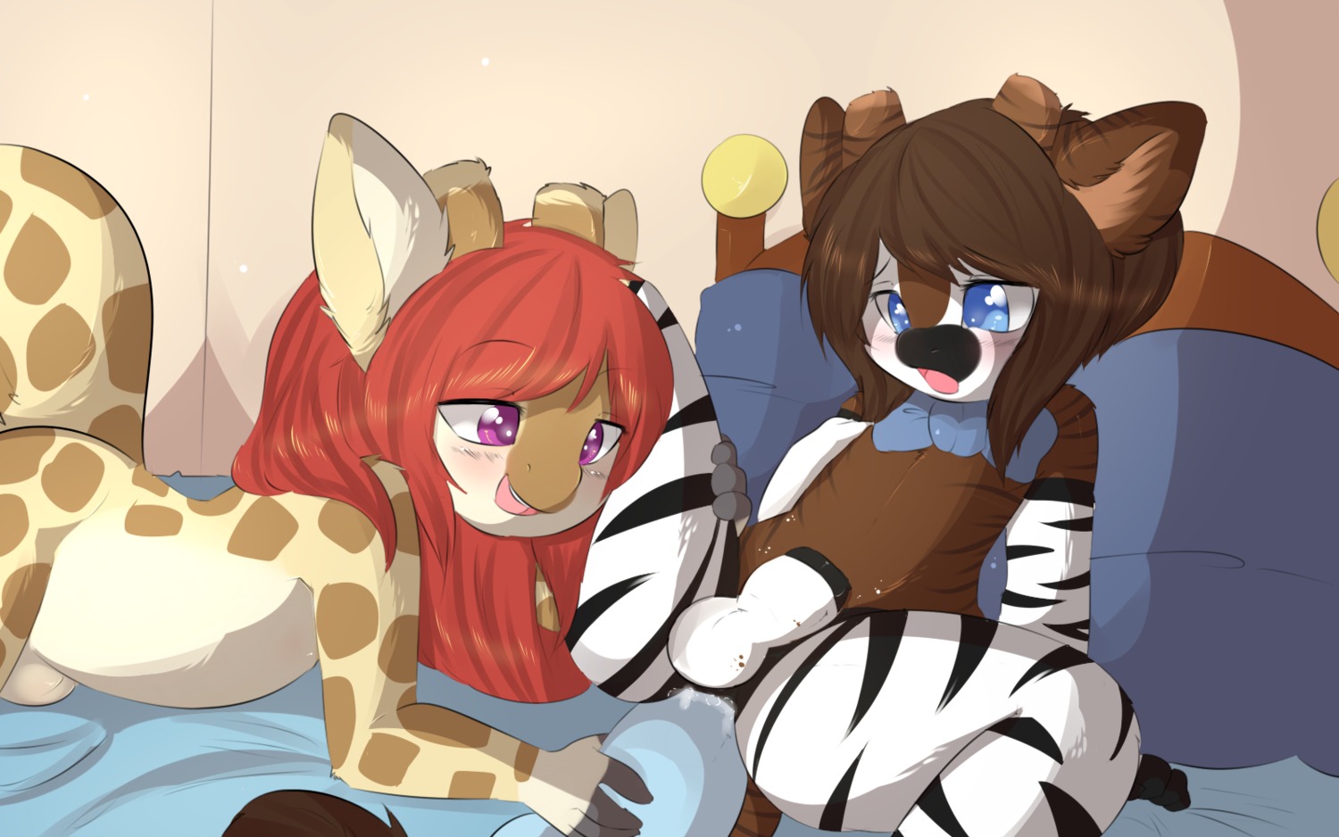 16:10 anal anal_penetration animal_genitalia anthro aoizuri ashley_(codyfox) balls bed blue_eyes blush dildo dildo_in_ass dildo_insertion duo e621 fully_sheathed furniture genitals giraffe giraffid hi_res horn large_penetration lying male male/male male_penetrated male_penetrating male_penetrating_male mammal nude object_in_ass okapi ossicone penetration penis penis_tip pink_eyes purple_eyes reclining sex sex_toy sex_toy_in_ass sex_toy_insertion sheath sheathed_while_penetrated stripes tight_fit toying_partner widescreen young young_anthro young_male young_on_young