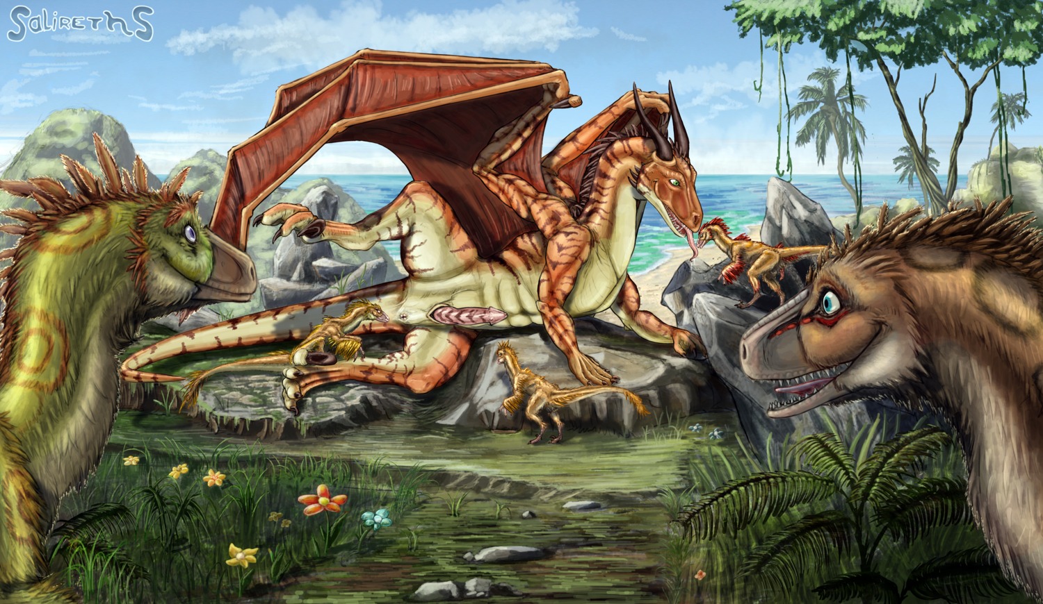 abs ambiguous_gender animal_genitalia anus bent_over biceps blue_eyes bodily_fluids claws detailed_background dewclaw digitigrade dinosaur dragon drakkor dromaeosaurid e621 erection feathered_dinosaur feathered_scalie feathered_wings feathers feet feral feral_on_feral fern flower genital_slit genitals grass green_eyes group hi_res horn imminent_sex larger_male lying male male/male muscular muscular_male mythological_creature mythological_scalie mythology nature on_side orange_body orange_scales outside penis plant prehistoric_species pubic_boot reptile salireths saliva saliva_string saurischian scales scalie sea sharp_teeth size_difference sky smaller_male spread_legs spreading standing stripes tail tailbutt talons teeth theropod toes tongue tongue_out triceps velociraptor water wings