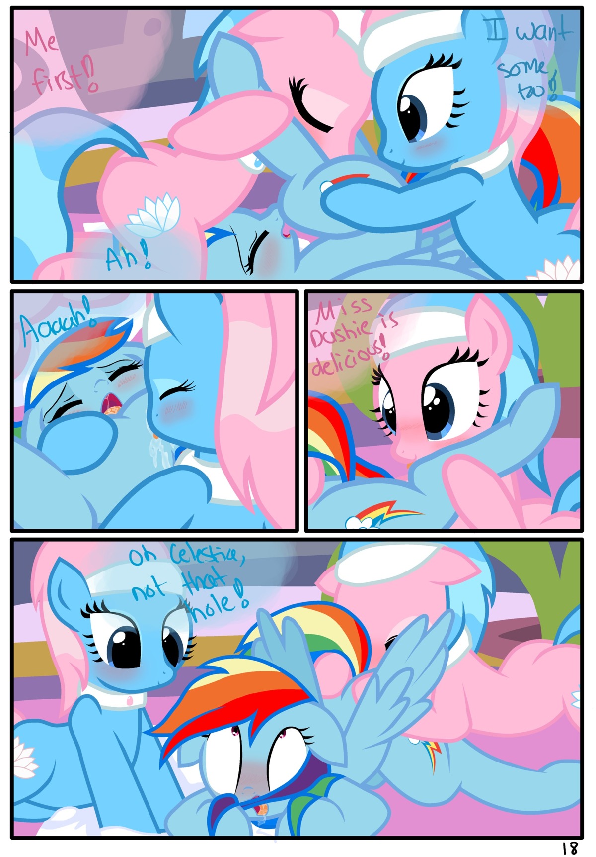2012 absurd_res aloe_(mlp) blue_body blue_feathers blue_fur blue_hair blush comic cunnilingus cutie_mark dialogue e621 earth_pony english_text equid equine feathered_wings feathers female female/female feral friendship_is_magic fur group hair hasbro hi_res horse indirect_incest_(lore) lotus_(mlp) mammal multicolored_hair my_little_pony mythological_creature mythological_equine mythology oral pegasus pink_hair pony pyruvate rainbow_dash_(mlp) rainbow_hair sex sibling_(lore) spa tail text vaginal wing_boner wings