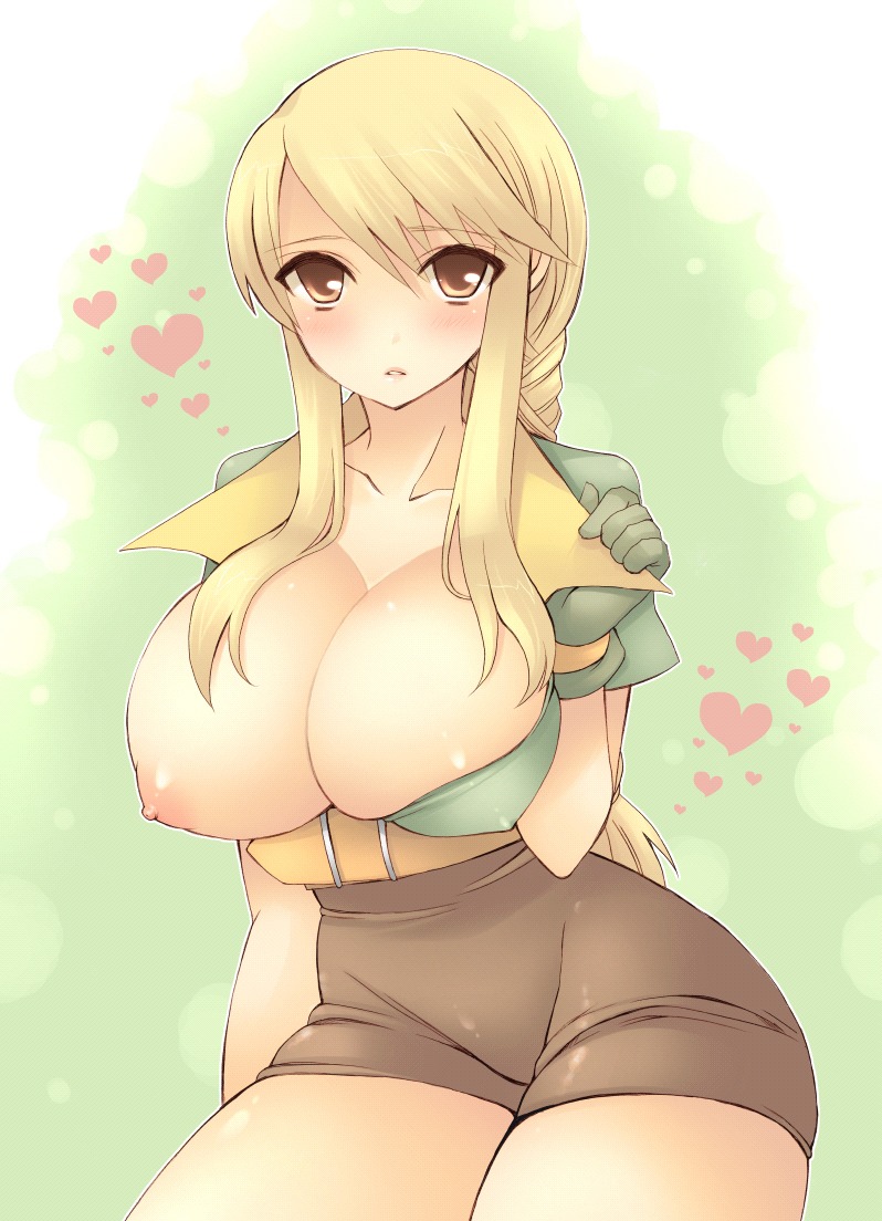 1girls agrias_oaks big_breasts blonde_hair breast_slip breasts brown_eyes female final_fantasy final_fantasy_tactics final_fantasy_tactics_(original) gloves huge_breasts large_breasts nipples one_breast_out open_clothes open_shirt pocopoco rule34 shirt shorts thief_(fft)