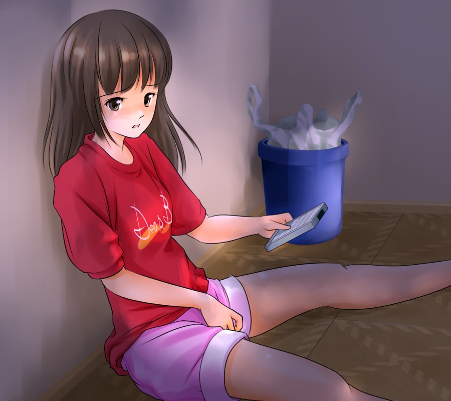 blush brown brown_eyes controller female fenderu hair long_hair masturbation original remote_control rule34 shorts sitting spread_legs straight_hair