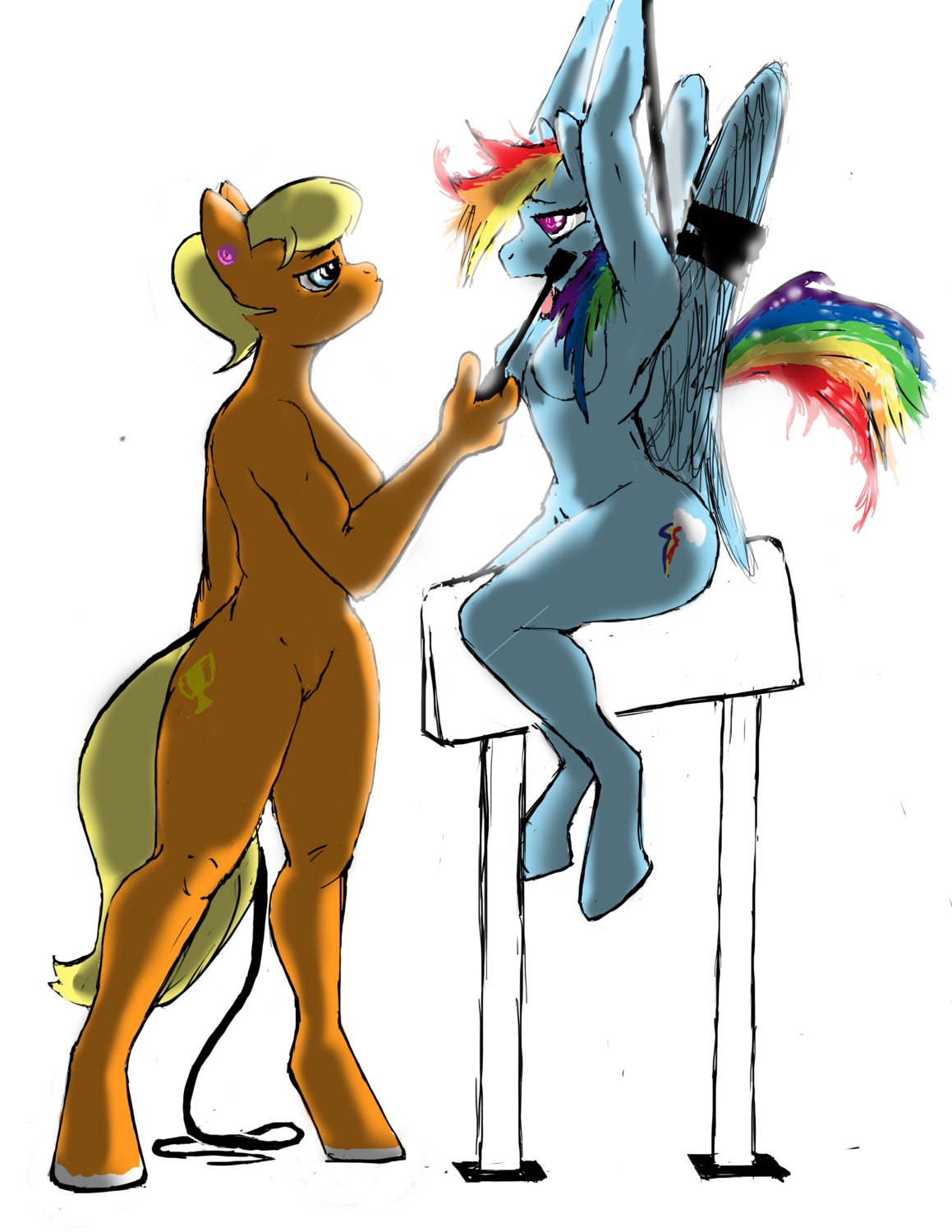2014 absurd_res anthro anthrofied bdsm blonde_hair blue_body blue_eyes blue_feathers blue_fur bondage bound breasts cutie_mark dominant dominant_female duo e621 earth_pony equid equine feathered_wings feathers female female/female friendship_is_magic fur genitals hair half-closed_eyes hasbro hi_res horse mammal ms._harshwhinny_(mlp) multicolored_hair my_little_pony mythological_creature mythological_equine mythology narrowed_eyes nude open_mouth pegasus pony purple_eyes rainbow_dash_(mlp) rainbow_hair riding_crop simple_background sitting standing submissive submissive_female threewontoo vulva whip white_background wings wooden_horse_(device)
