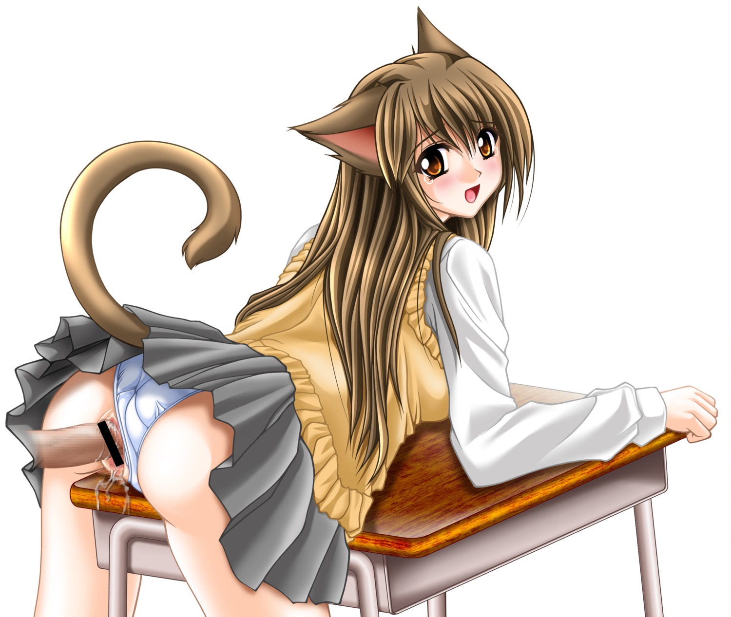 animal_ears bent_over blush brown_eyes cat_ears censored copyright_request cum cum_inside desk doggy_style female highres long_hair looking_back male panties panties_aside penis pointless_censoring pussy pussy_juice rule34 school_uniform sea_lounge_garden serafuku sex skirt tail tears tomoya_kankurou underwear upskirt vest white_panties
