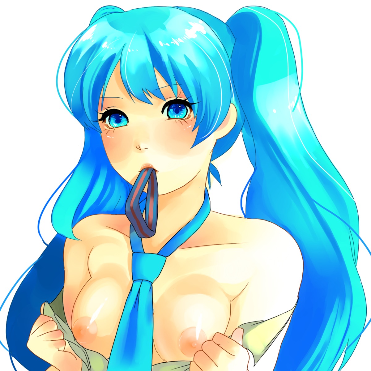 1girl aqua_hair blue_eyes blue_hair breasts female hatsune_miku long_hair looking_at_viewer medium_breasts mouth_hold necktie nipples rule34 simple_background solo tagme twintails vocaloid white_background