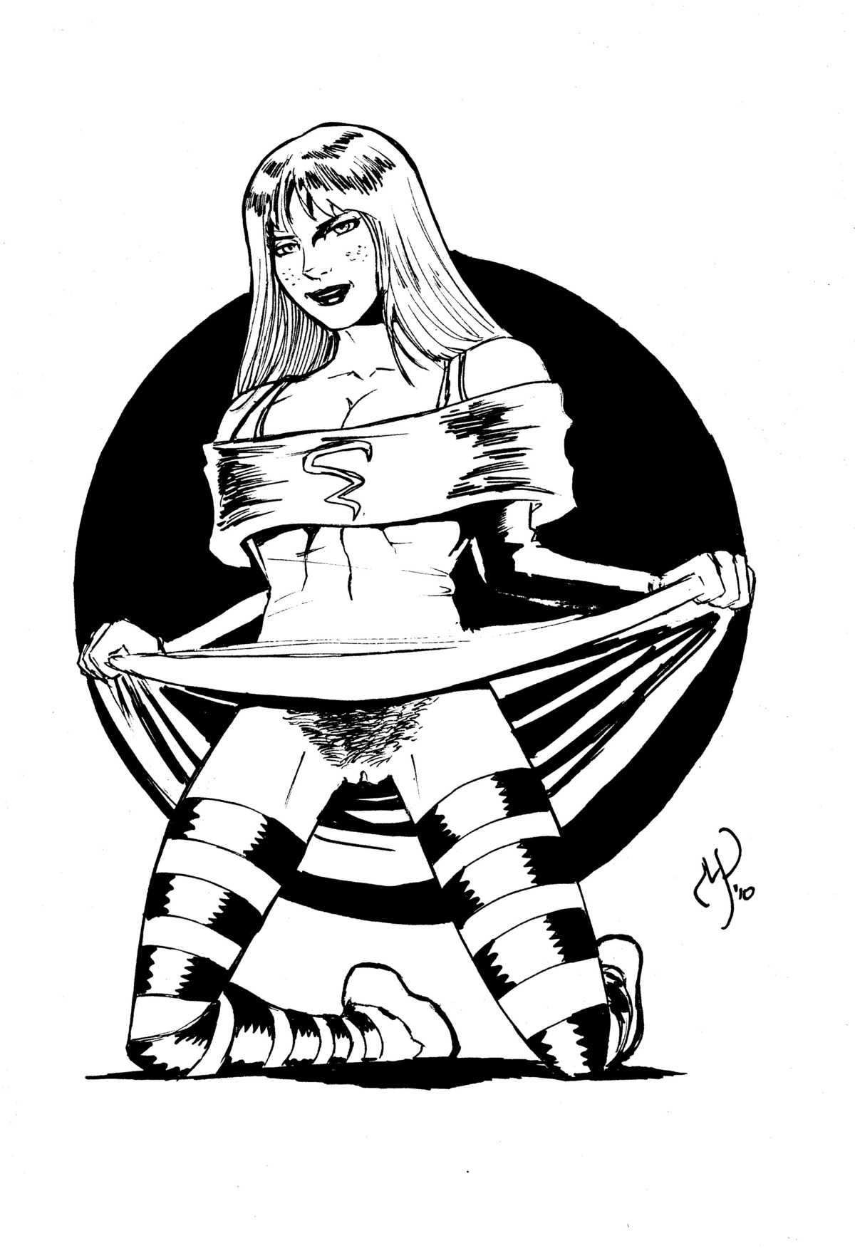1girls 2010 alternate_version_available clothing cyclone_(dc) dc dc_comics female female_only front_view human inked justice_society_of_america kneeling maxine_hunkel michael_powell monochrome pussy rule34 solo tagme uncensored