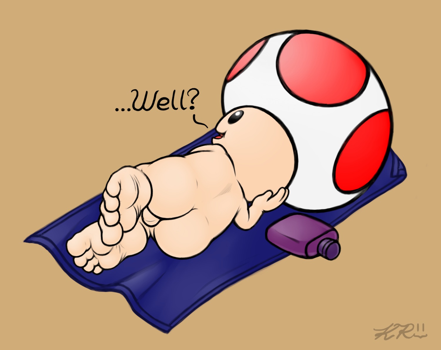 backsack balls barefoot beach butt dialogue e621 elemental_creature elemental_humanoid english_text feet fungi_fauna fungi_humanoid fungus genitals hi_res hindpaw humanoid ket-ralus lotion male mario_bros mushroom mushroom_retainer nintendo not_furry nude on_towel outside paws presenting reclining seaside solo sunscreen text toad_(mario) towel