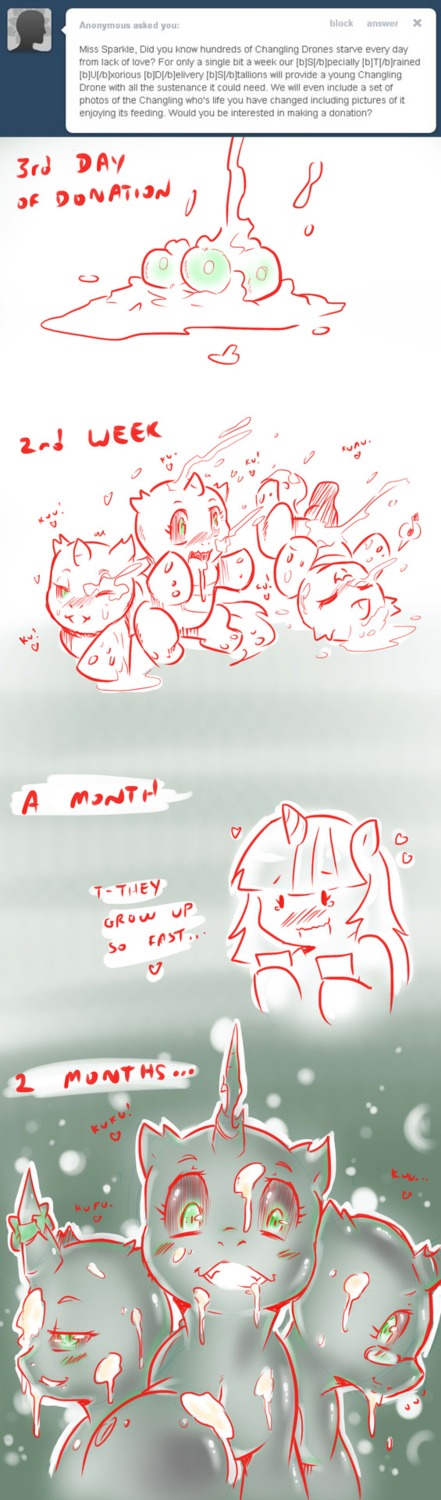 arthropod black_body blush bodily_fluids bukkake changeling_(mlp) cold-blooded-twilight comic cum drone_(mlp) e621 egg english_text equid equine female feral friendship_is_magic genital_fluids green_eyes group hasbro heart_symbol hi_res horn loli male male/female mammal my_little_pony mythological_creature mythological_equine mythology ribbons text tumblr twilight_sparkle_(mlp) unicorn young young_feral