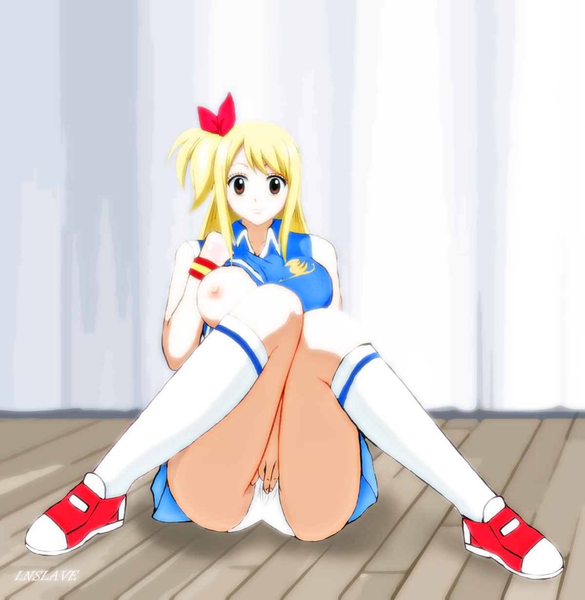 1girls blonde-haired_female blonde_hair breasts brown_eyes cheerleader erect_nipples fairy_tail fairy_tail_mark female female_only human knee_socks kneehighs kneesocks legs lnslave_(artist) lucy_heartfilia nipples pointy_chin rule34 shoes side_ponytail socks socks_and_shoes solo upskirt white_socks