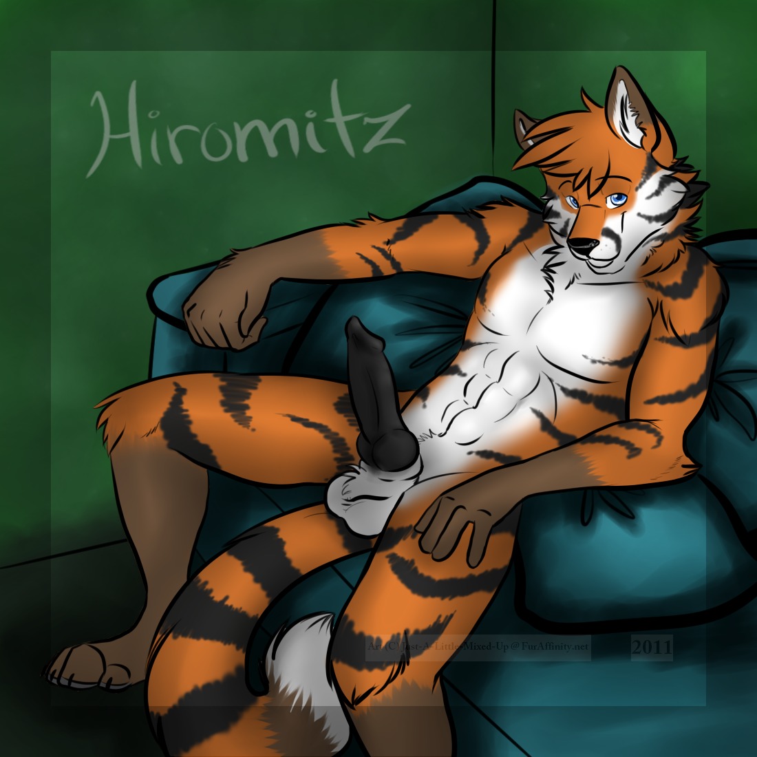 1boy animal_genitalia animal_penis anthro balls black_penis canine canine_genitalia canine_penis fox furry hirokun_rau hybrid j-a-l-m-u knot looking_at_viewer male male_only penis room rule34 sheath sitting sofa solo